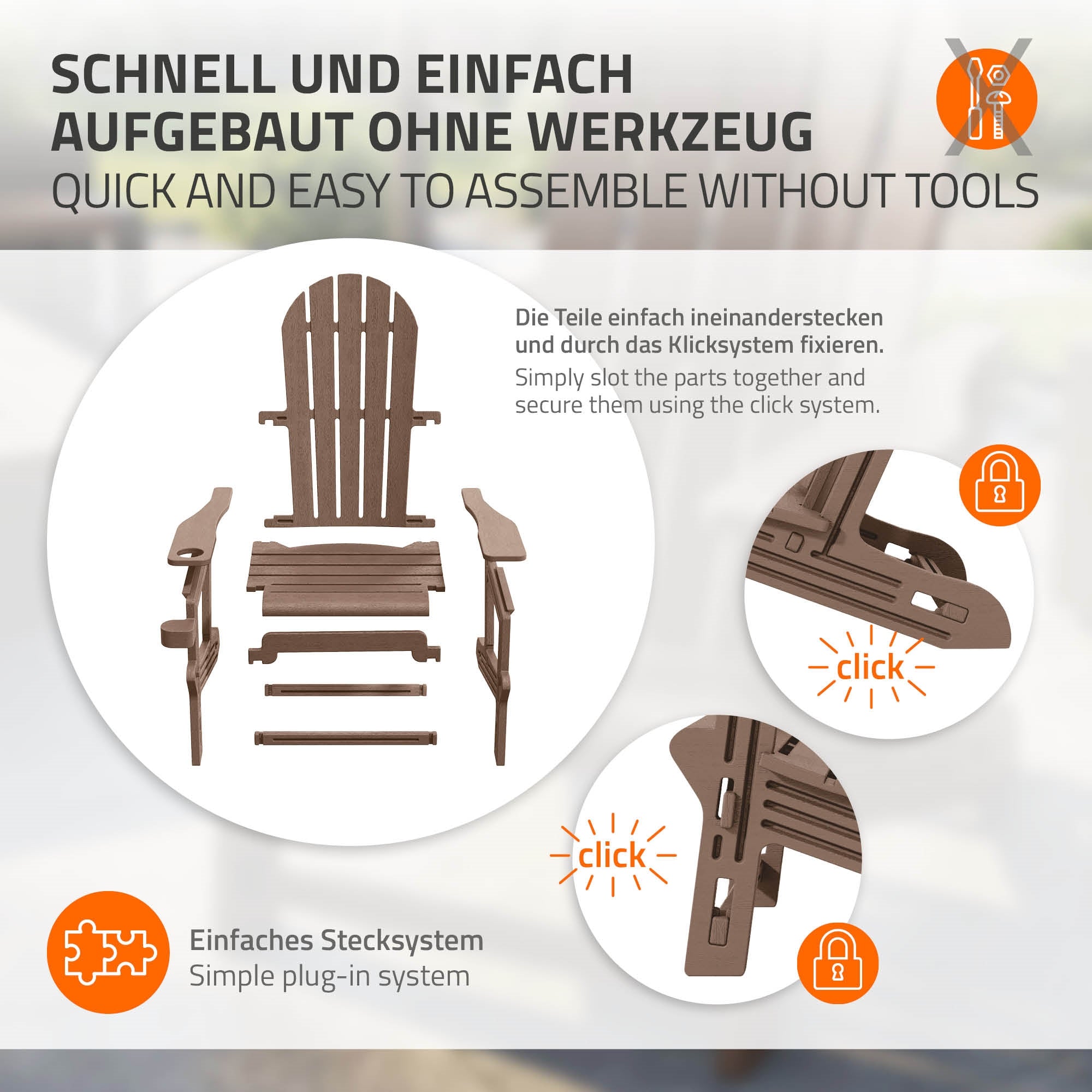 Montageanleitung für einen Stuhl, Teile werden ohne Werkzeug zusammengefügt.