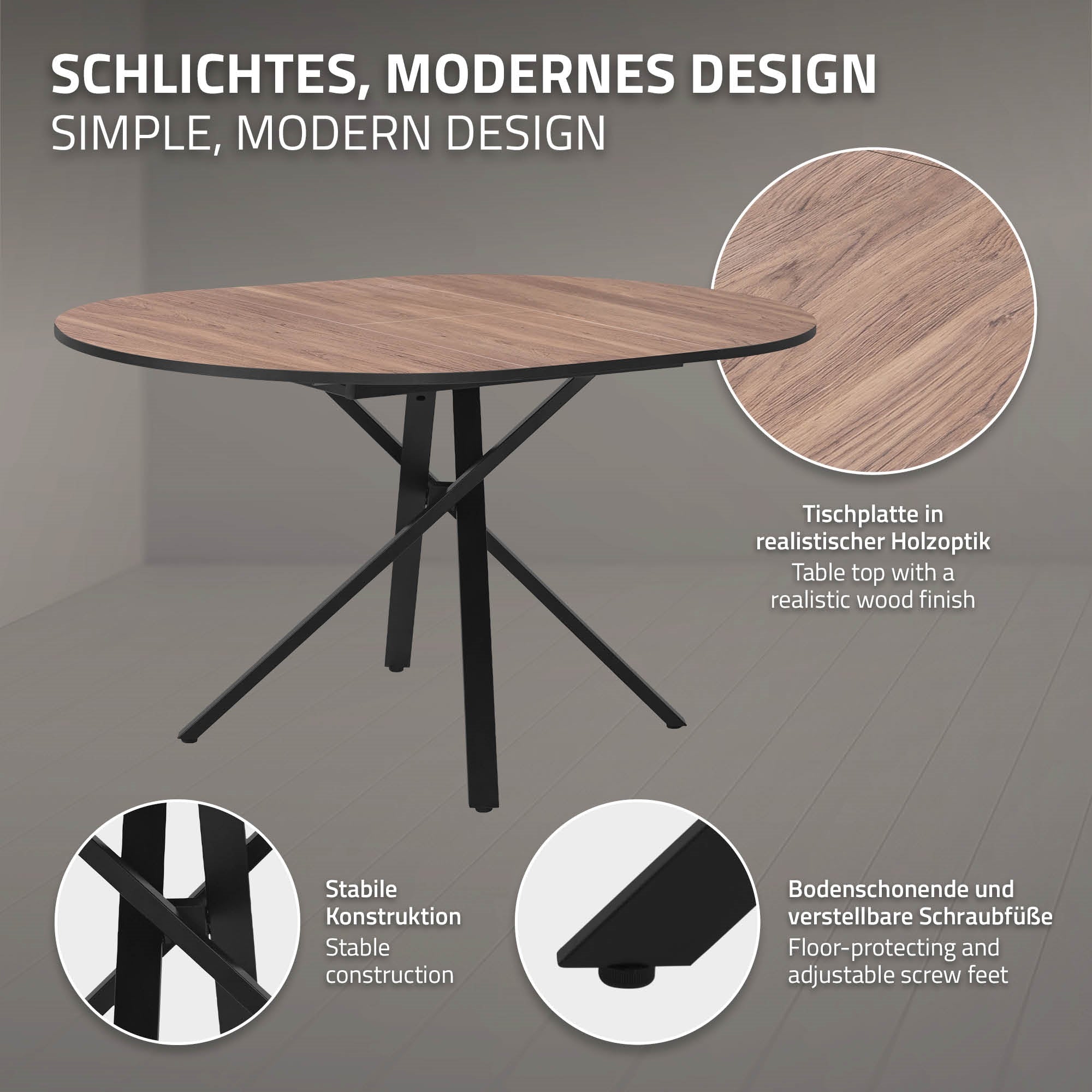 Een ronde tafel met houtlook en stevige poten.