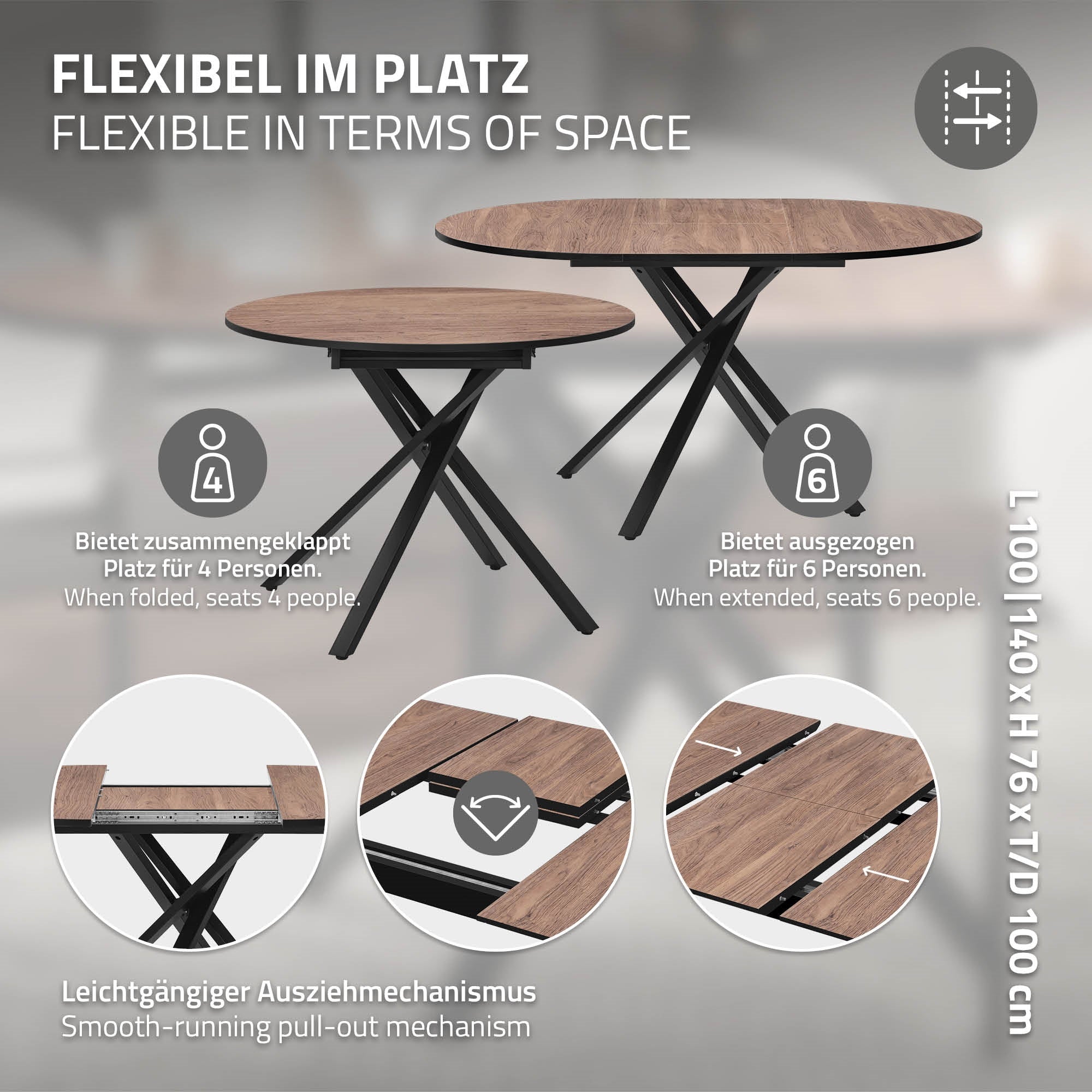 Houten tafel met uitschuifmechanisme, in houtlook en zwart frame.