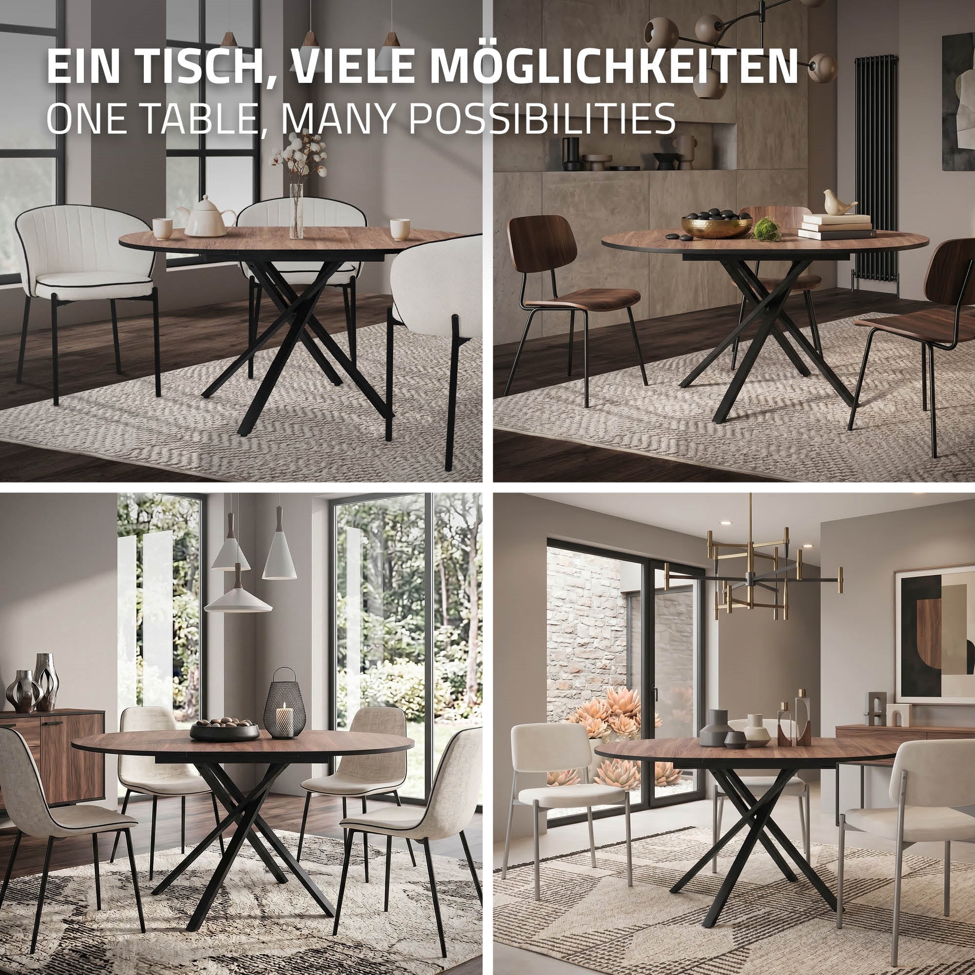 Verschillende tafelvarianten in een moderne woonruimte.