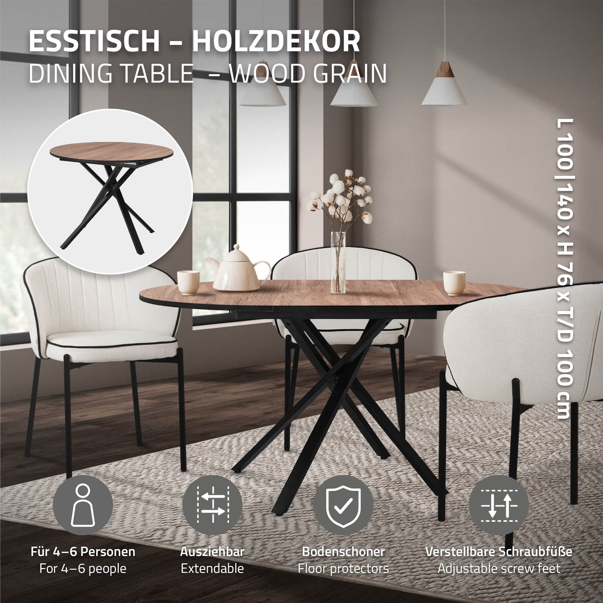 Eettafel met houten decor, uitschuifbaar voor 4-6 personen.