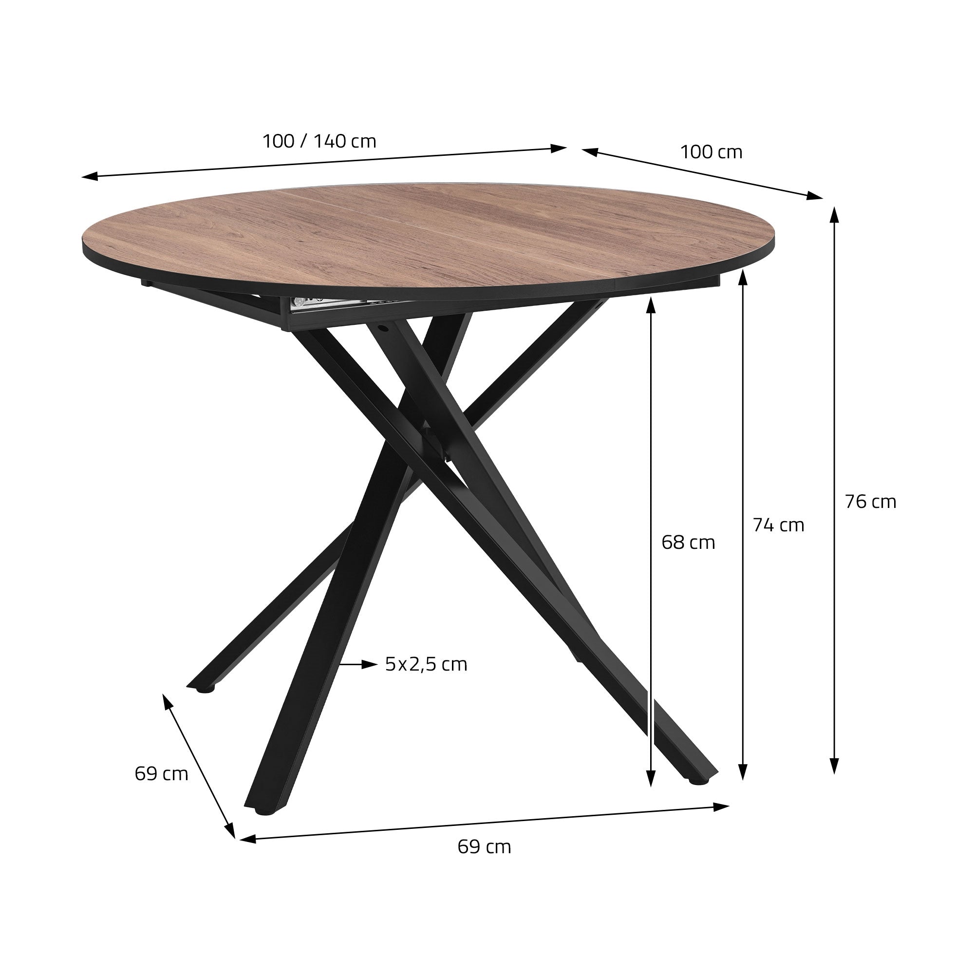 Ronde tafel met houten blad en zwart frame, afmetingen opgegeven.