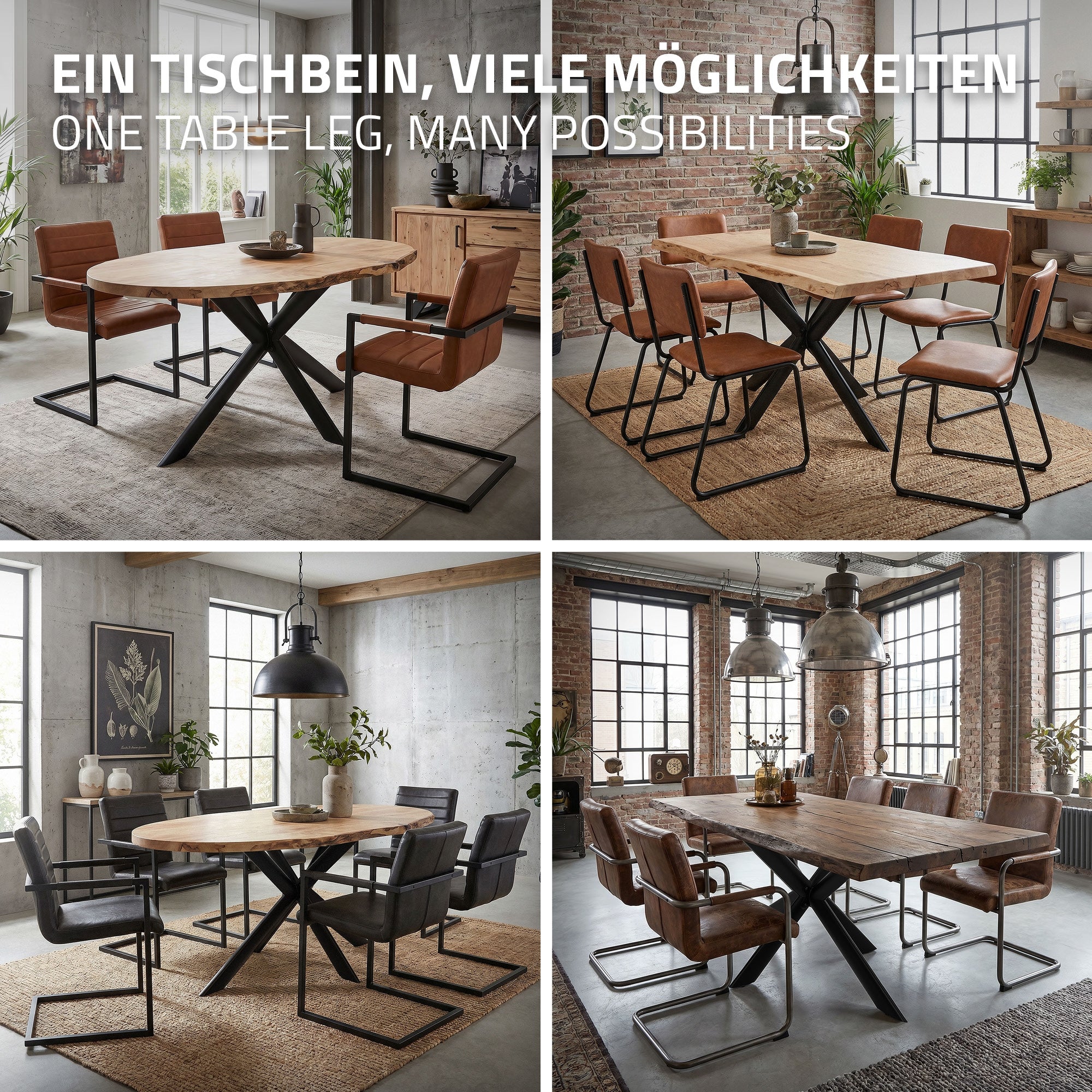 Vier Tischvarianten mit verschiedenen Stühlen und einem Tischbein in der Mitte.