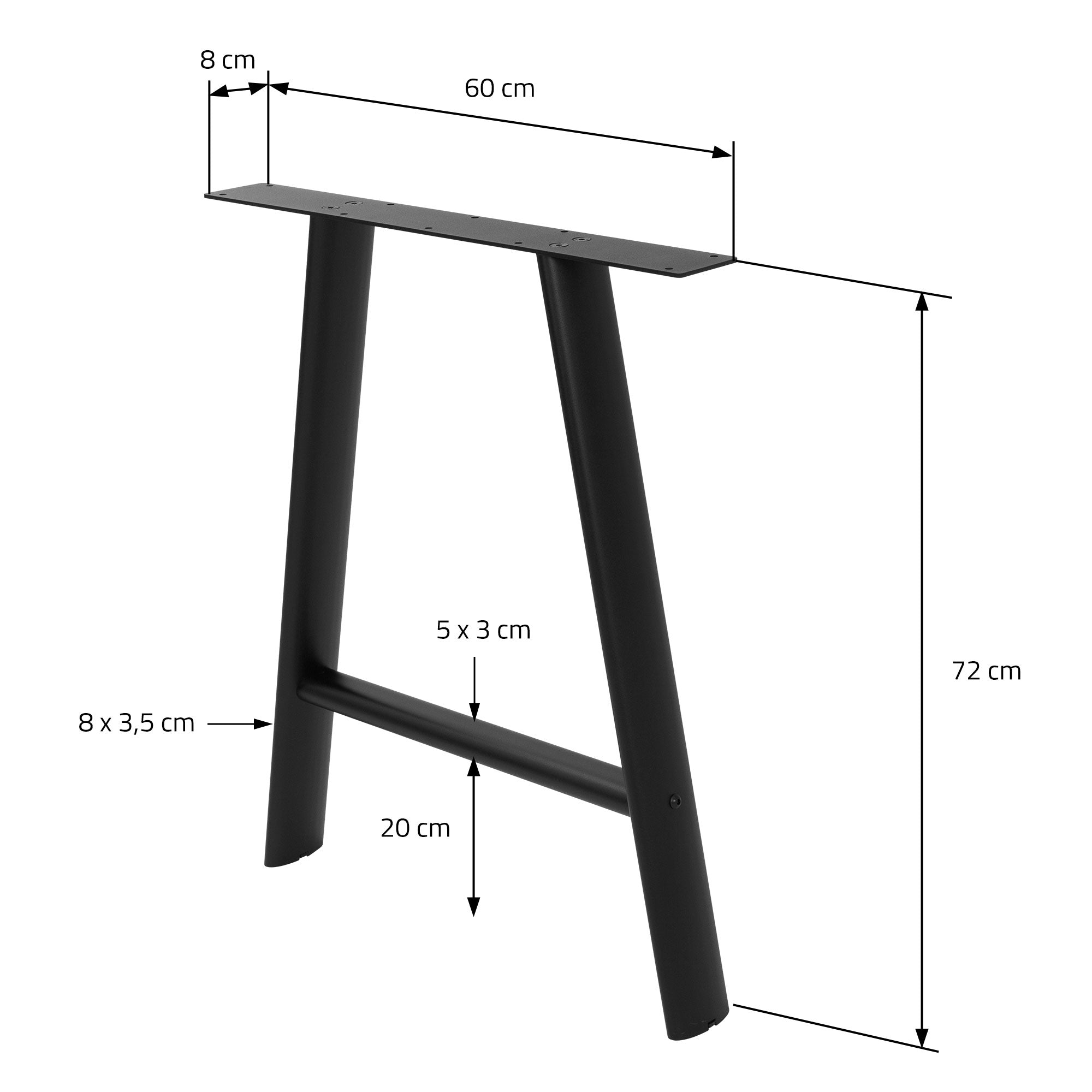 Pied de table noir avec dimensions et trous de montage.