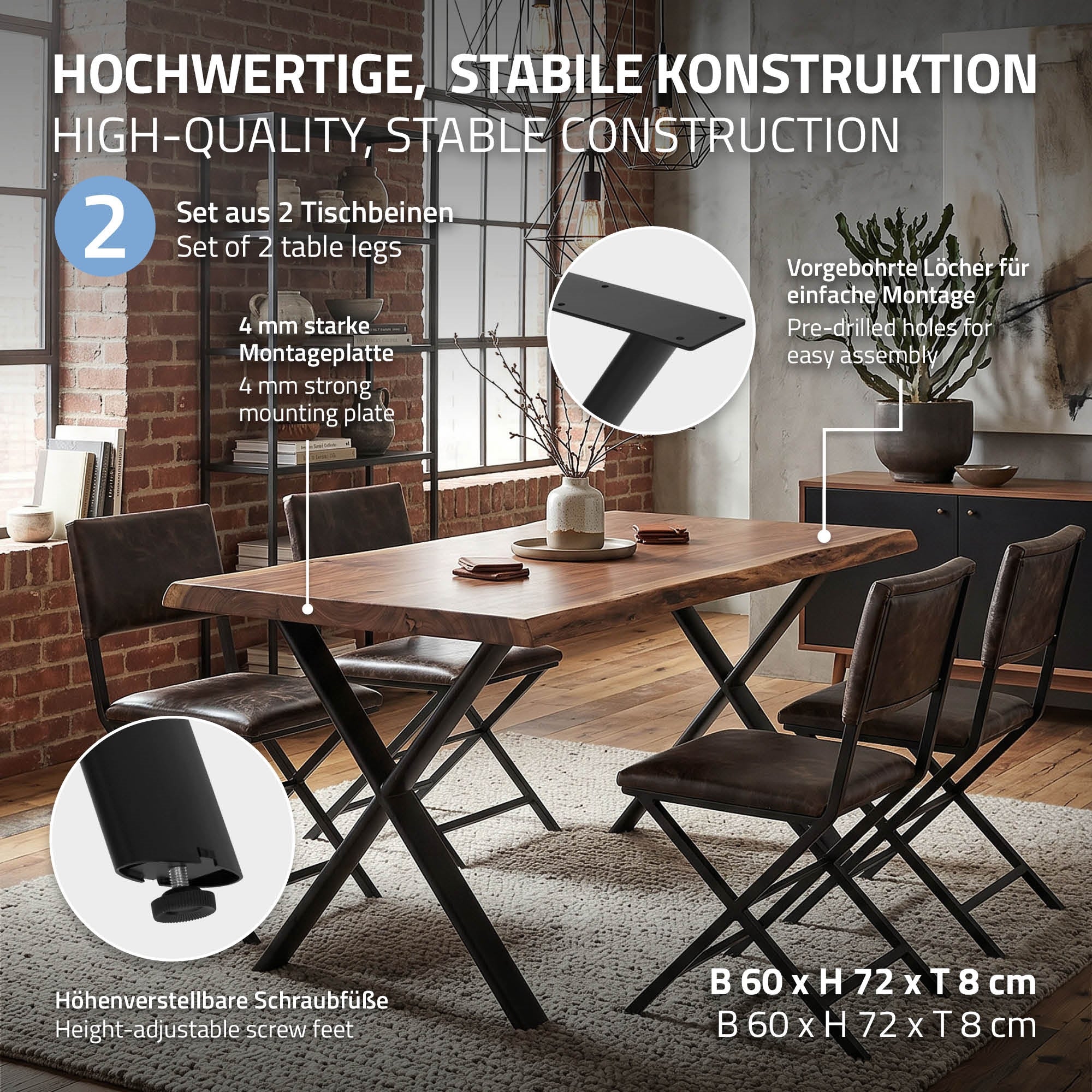 Houten tafel met stabiele poten, voorgeboorde gaten voor montage, hoogteverstelbare schroefvoeten.
