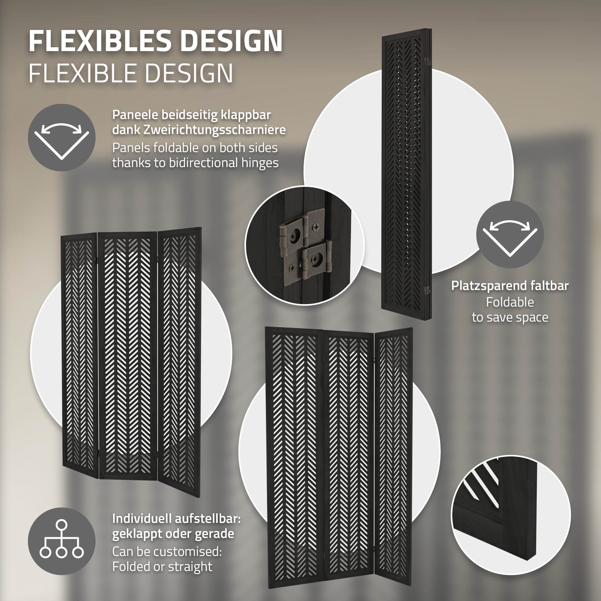 Paravent pliable à deux faces, montrant des caractéristiques de design flexibles et des options d'adaptation.