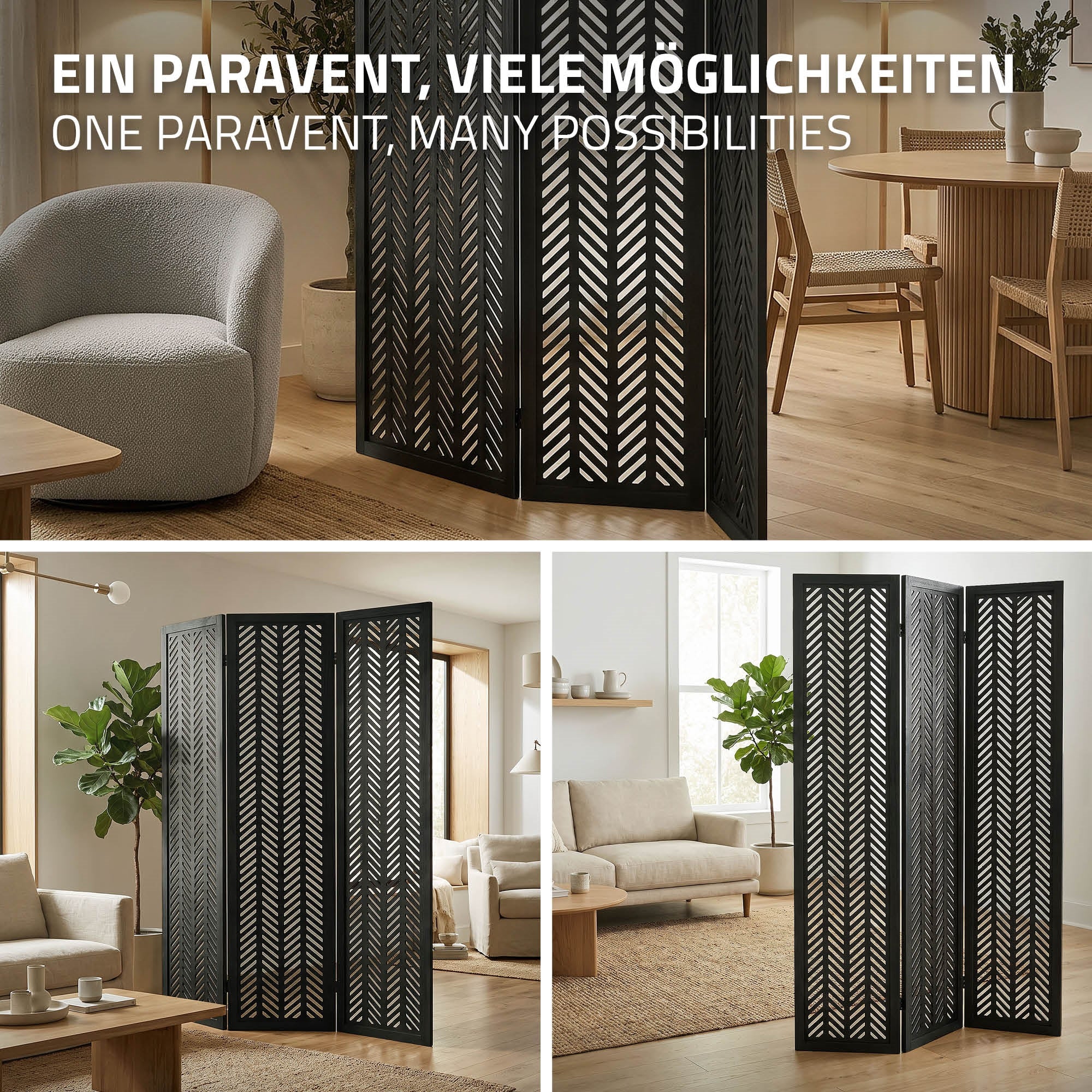Pièce avec un paravent noir et des meubles dans un style moderne et clair.