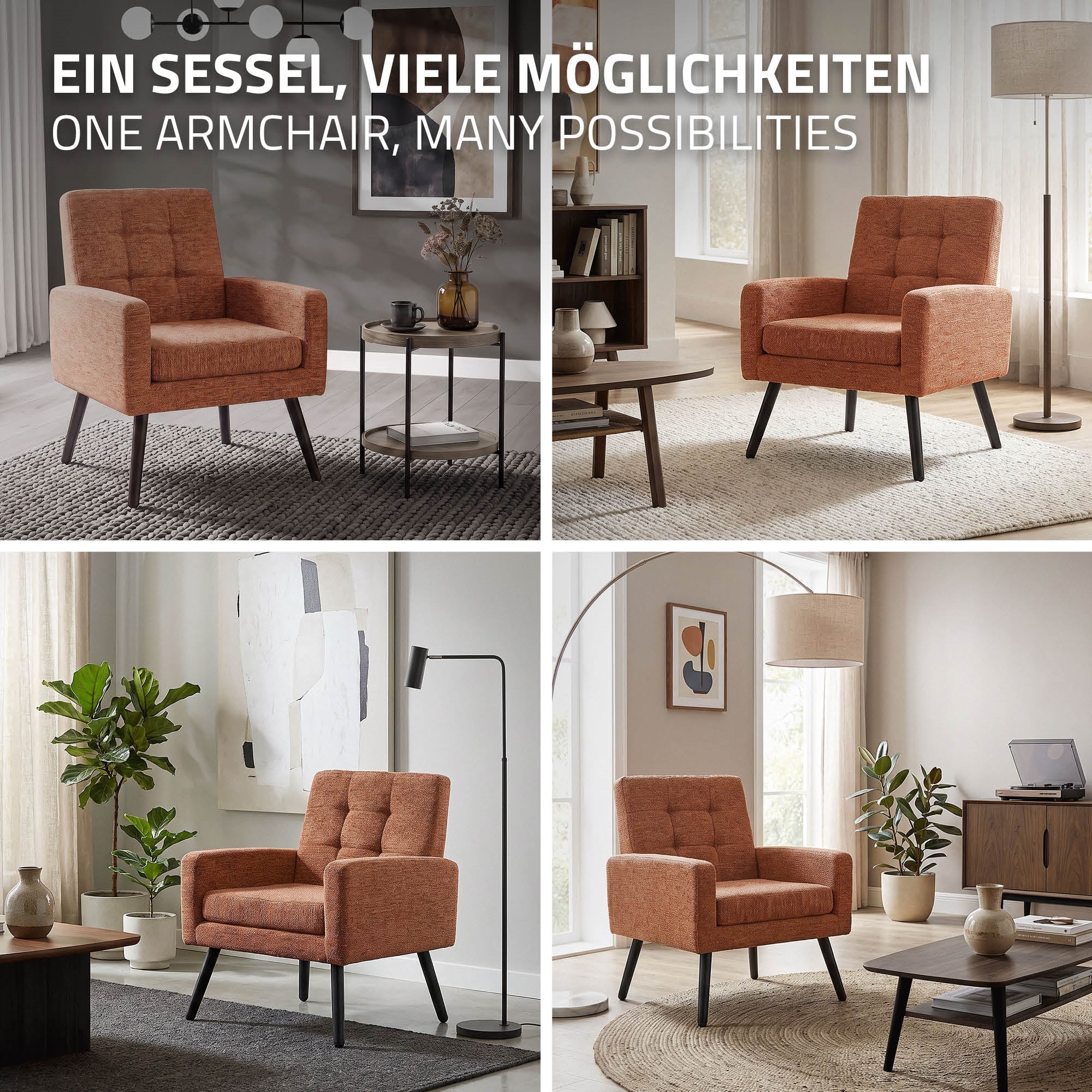 Quatre images d'un salon avec différentes dispositions d'un fauteuil orange.