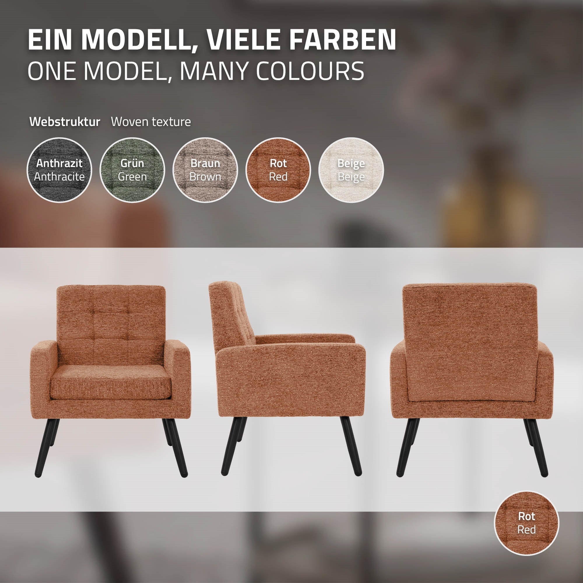 Un fauteuil de différentes couleurs, montré de face, de dos et de côté.
