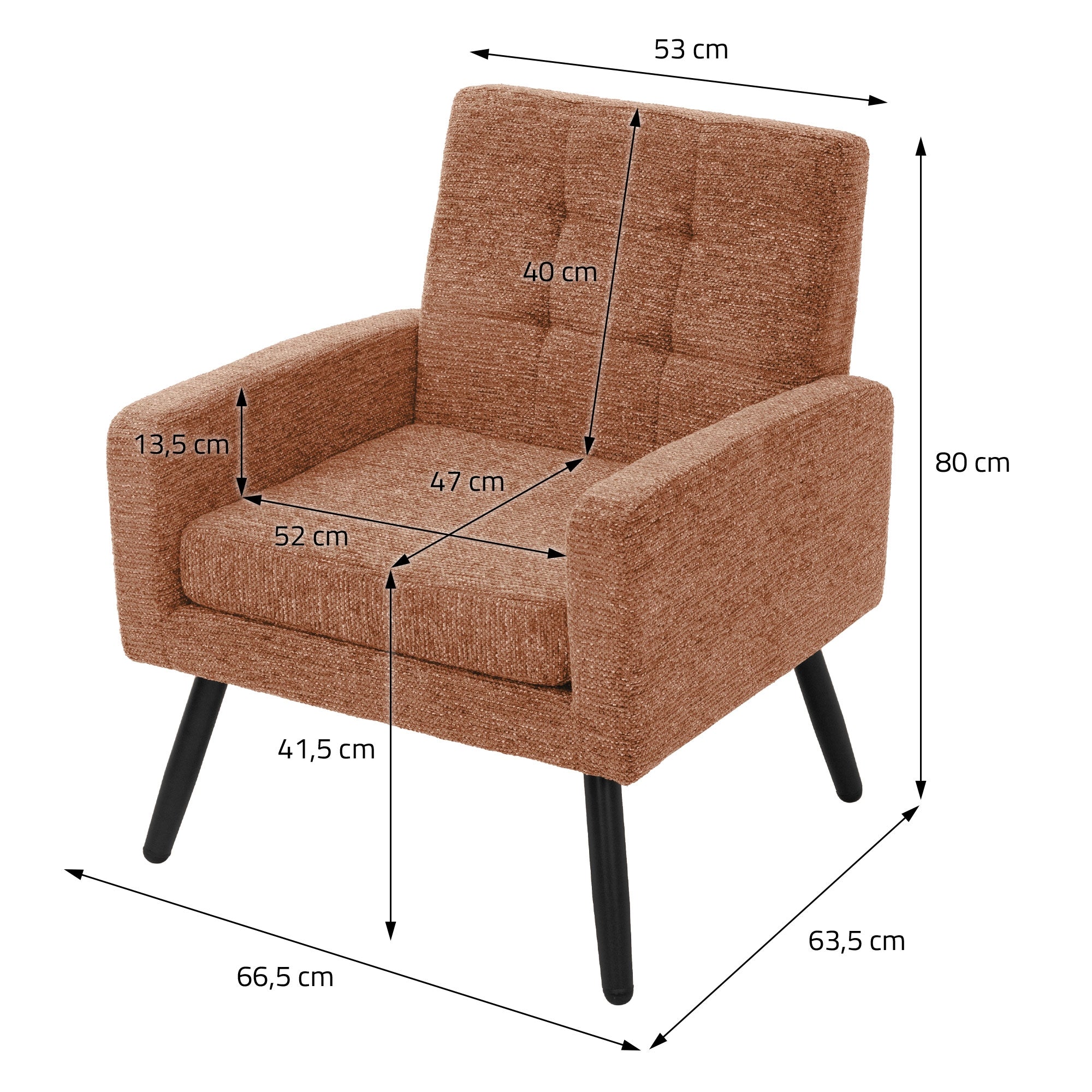 Fauteuil marron avec des dimensions : 53 cm de largeur, 80 cm de hauteur, 63,5 cm de profondeur.