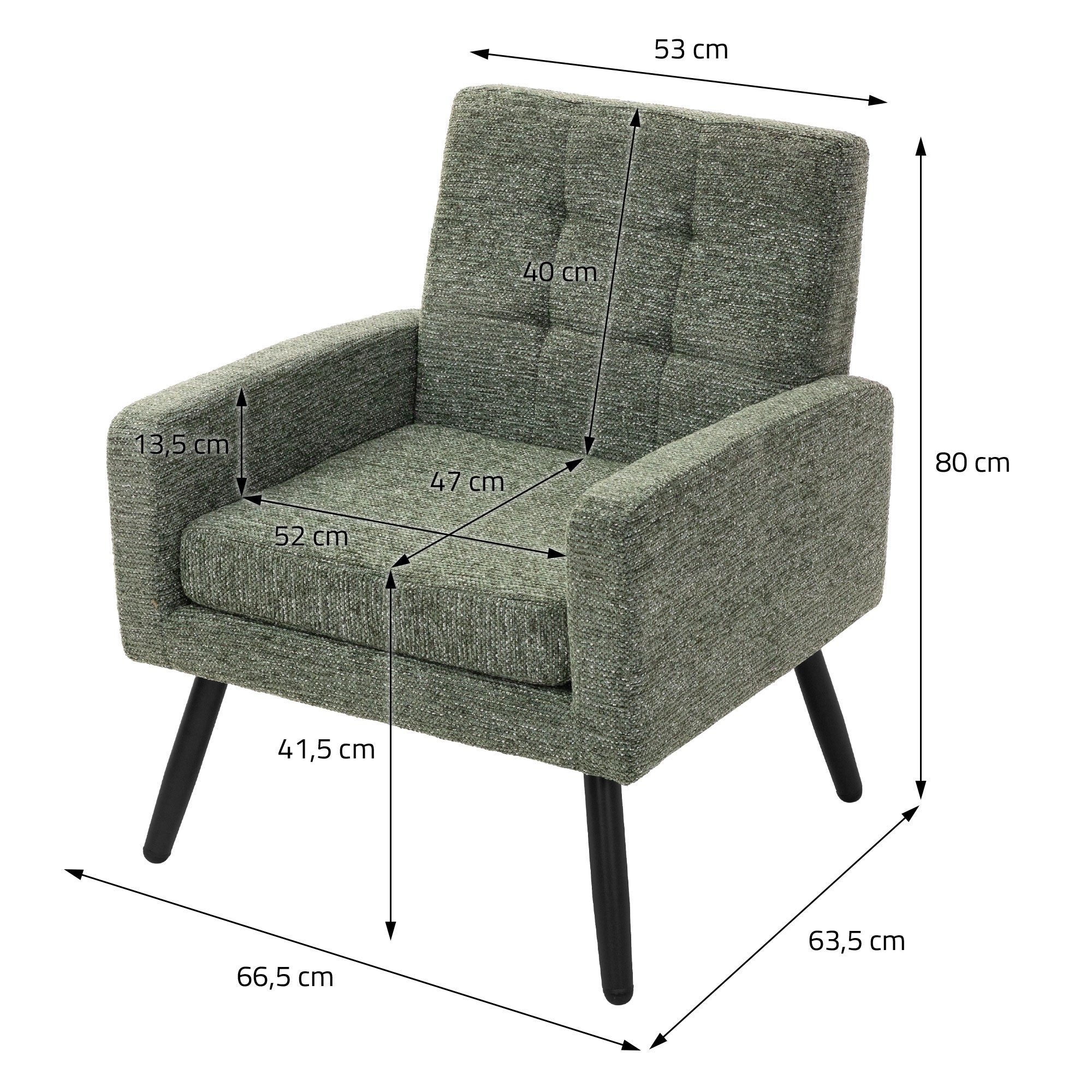 Una poltrona verde con misure e dettagli sulle dimensioni.