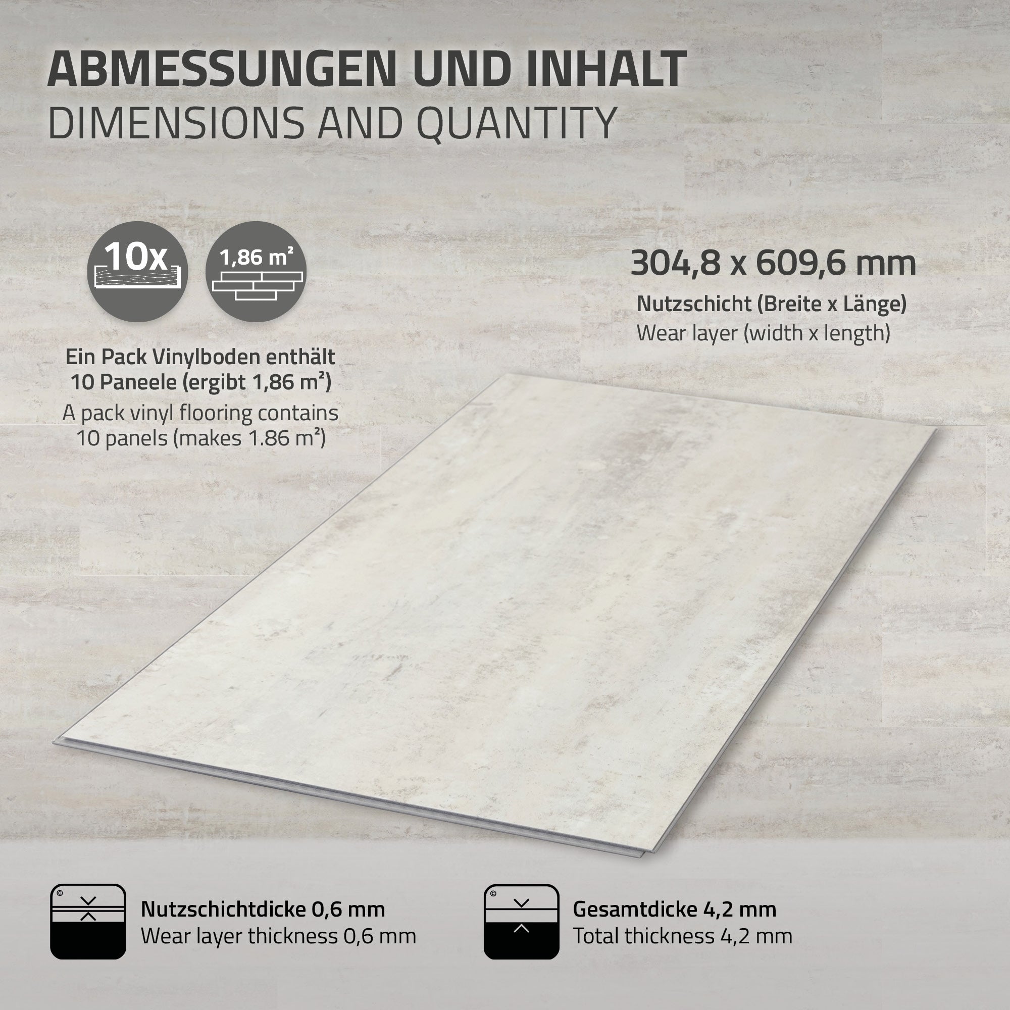 Grafiek met afmetingen en inhoud van een vinylvloer-pakket, maten en aantal panelen.