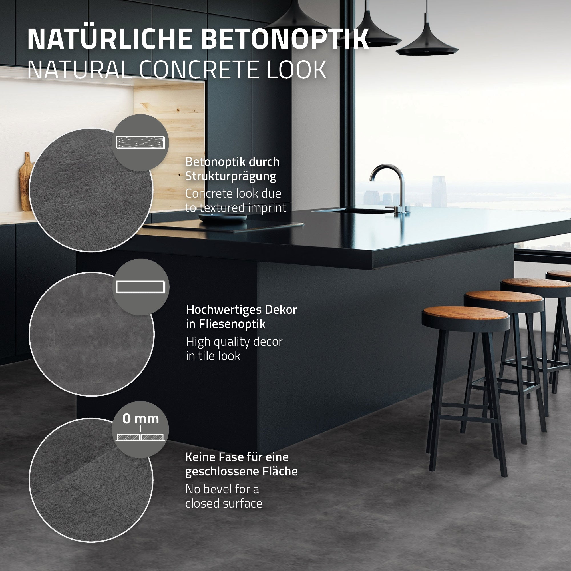 Details over de betonlook van het keukeneiland, geen fase aan de rand.