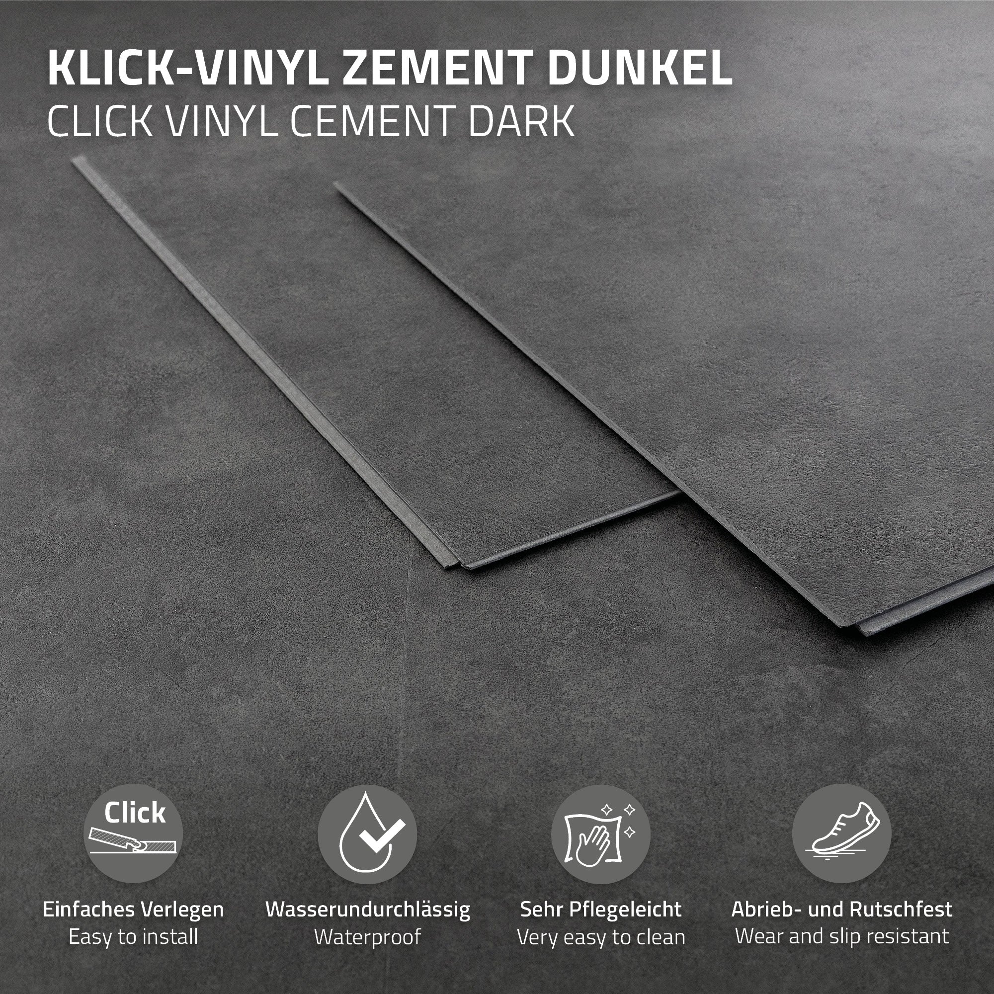 Grafiek met eigenschappen van klikvinyl in donkere cementlook.