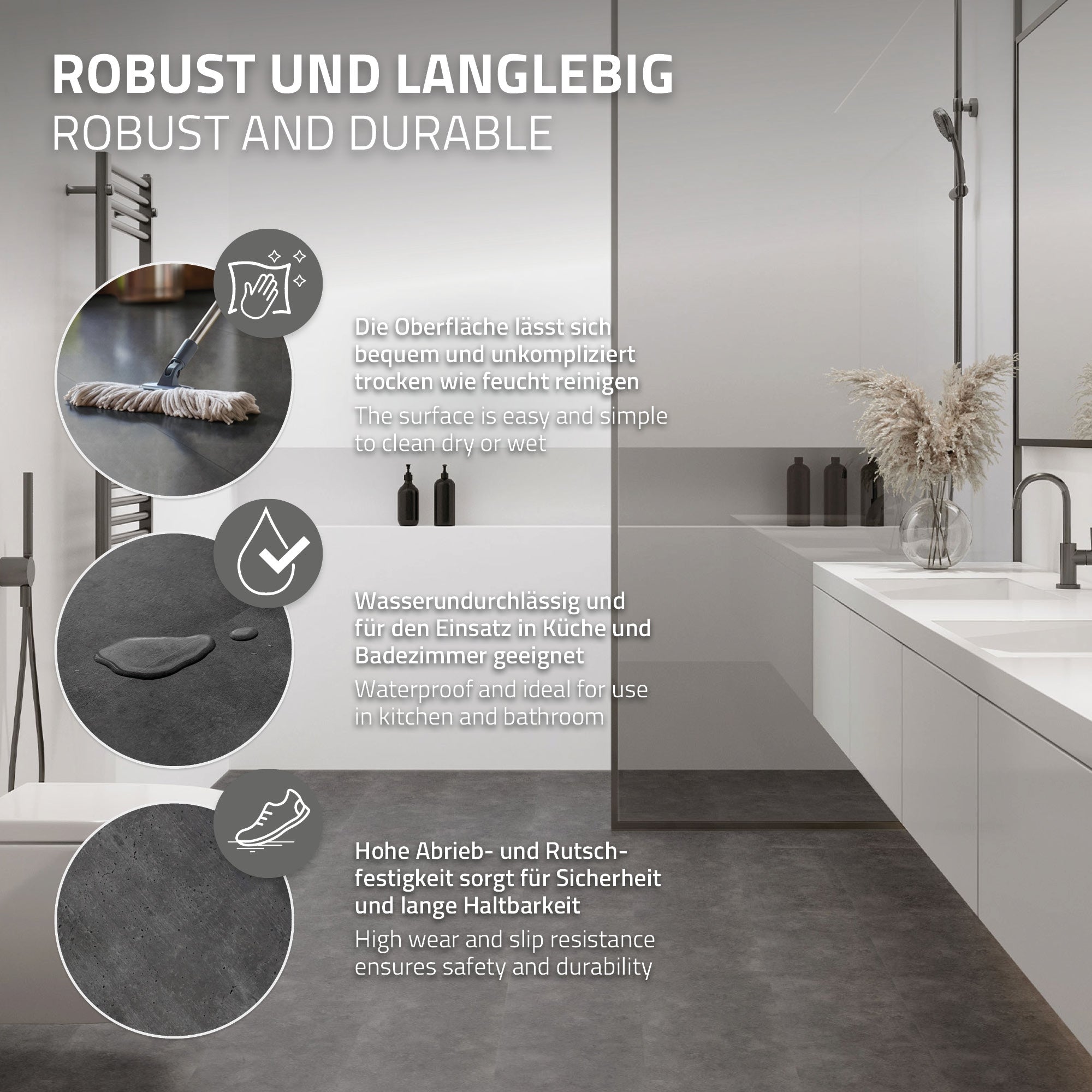 Moderne badkamerzicht met douche, wastafel en handdoekradiator.