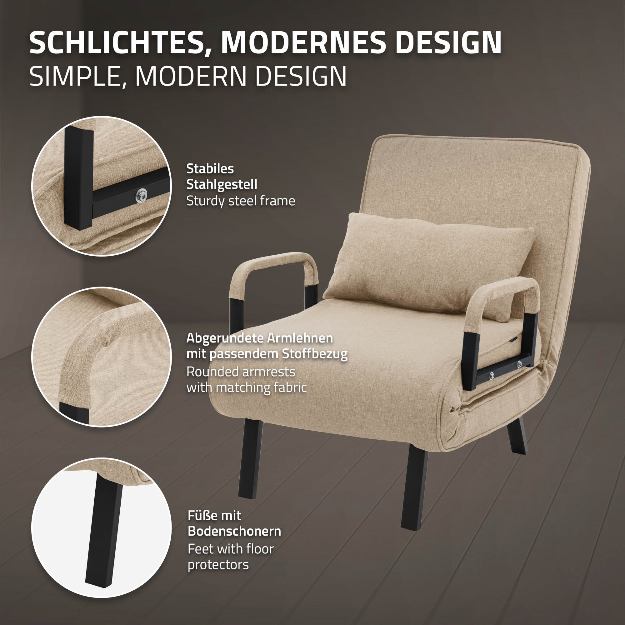 Sovesofa med stabil stålramme og afrundede armlæn, beige.