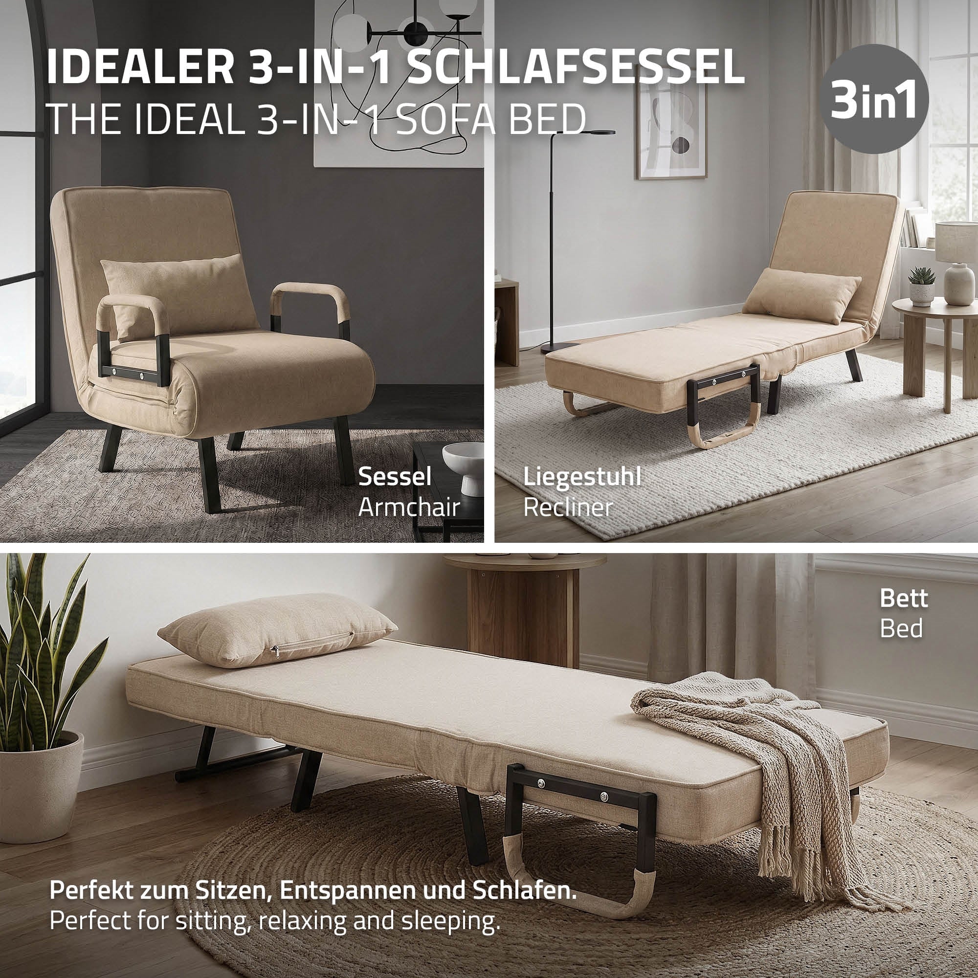 En 3-i-1 sovesofa i beige, der kan bruges som stol, liggestol og seng.