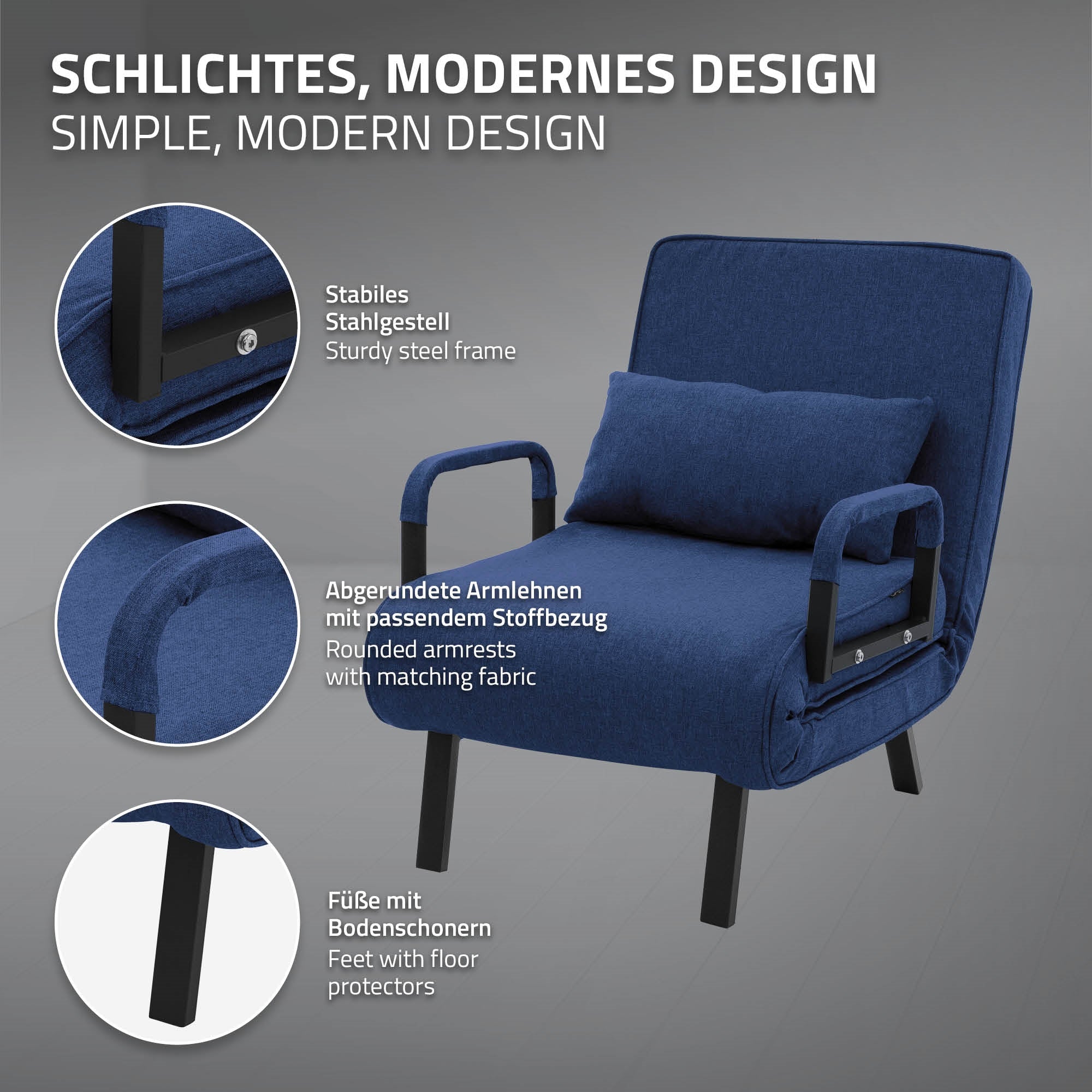 Schlichtes, modernes Design mit stabilen Stahlgestell und abgerundeten Armlehnen.