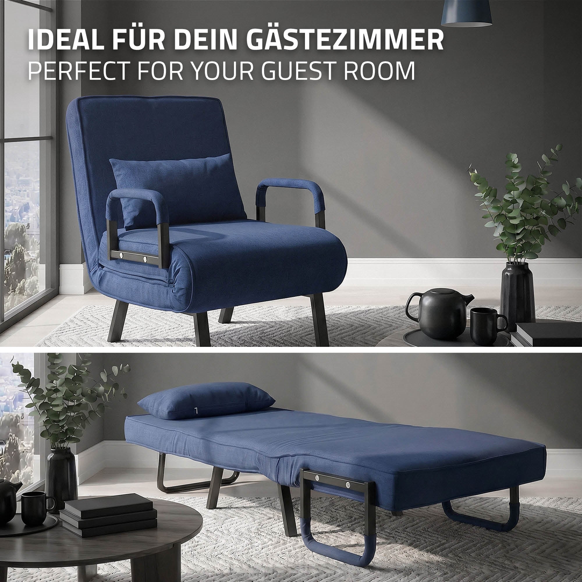Blauer Sessel im Wohnzimmer, mit Liegefunktion und Pflanzen im Hintergrund.