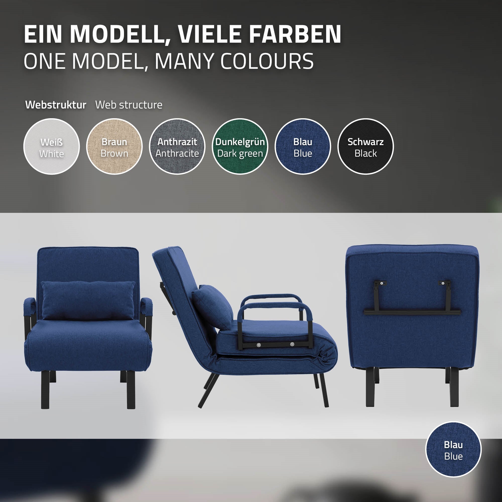 Ein blauer Sessel mit verschiedenen Farboptionen auf einem hellen Hintergrund.