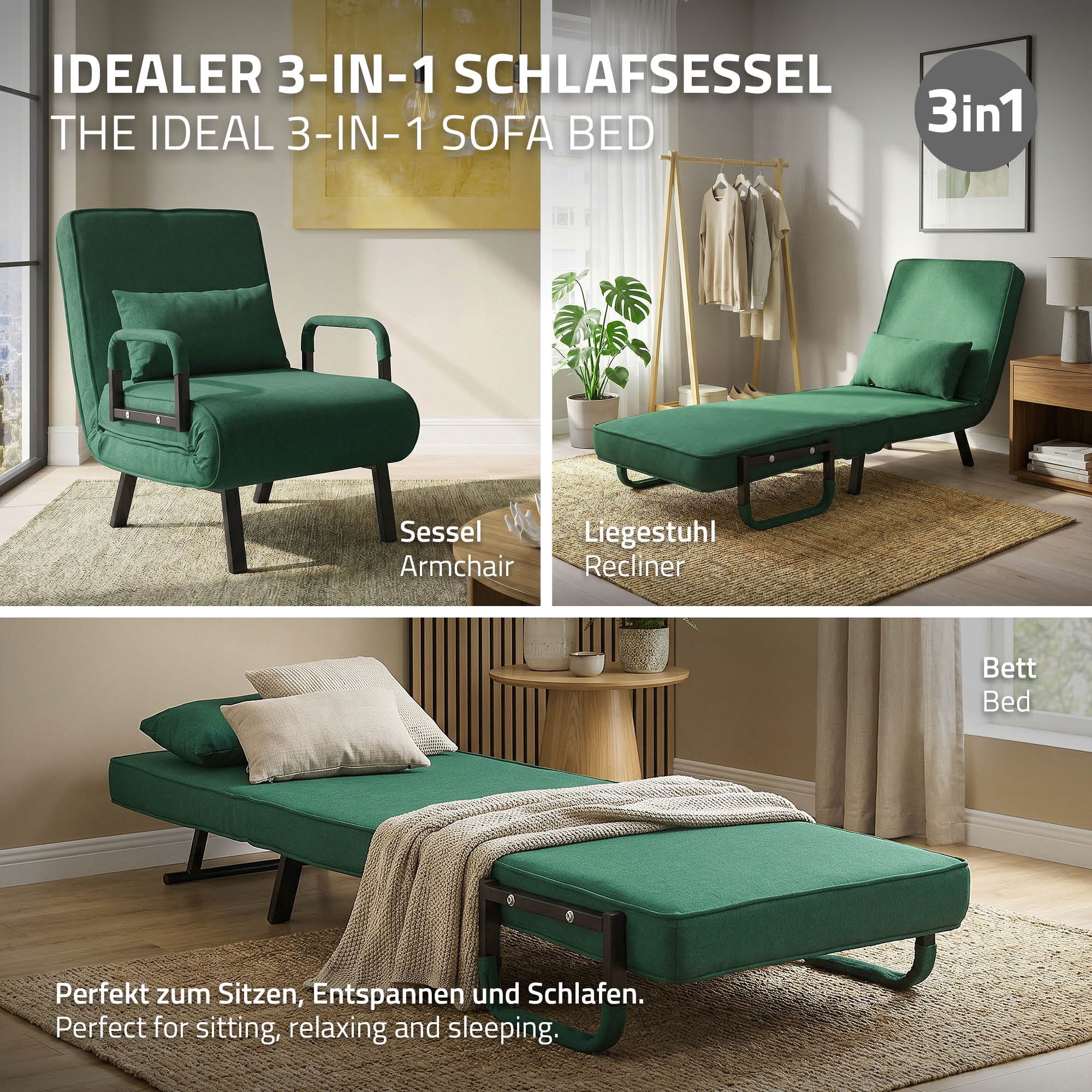 Ein Schlafsessel in grün, dargestellt als Sessel, Liegestuhl und Bett.