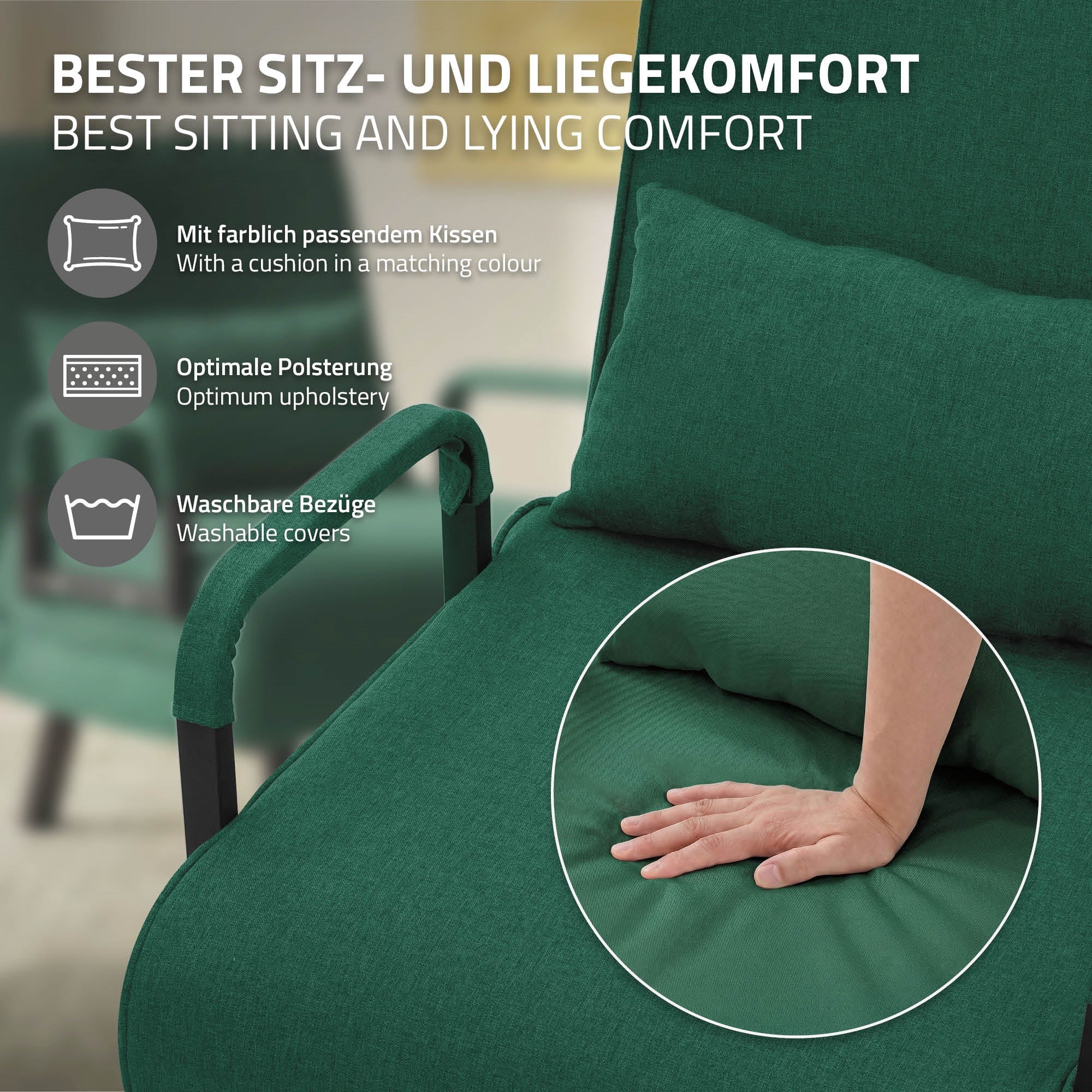 Grüner Sessel mit passendem Kissen und Beschreibung des Sitzkomforts.