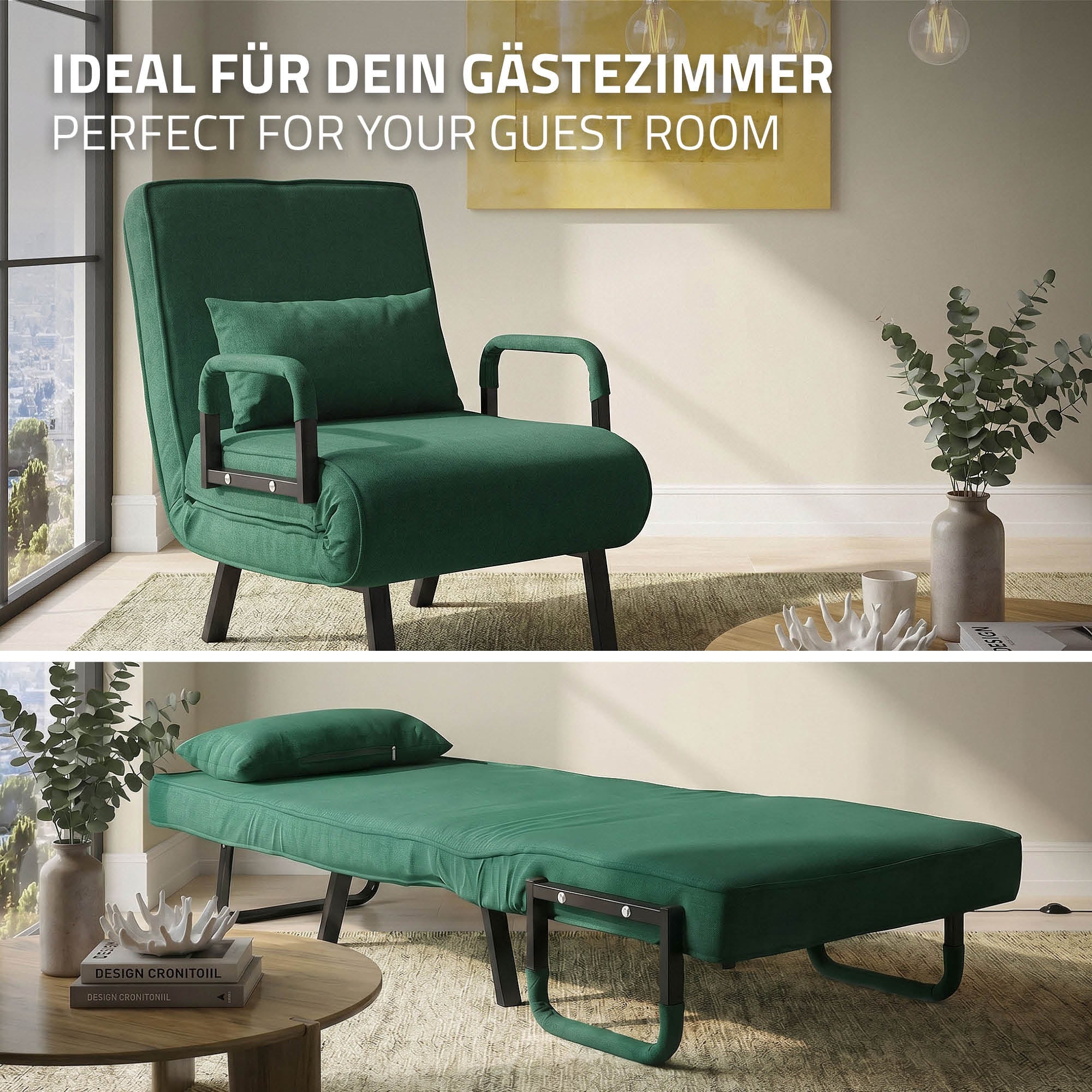 Grüner Schlafsessel im Gästezimmer, als Bett ausgeklappt.