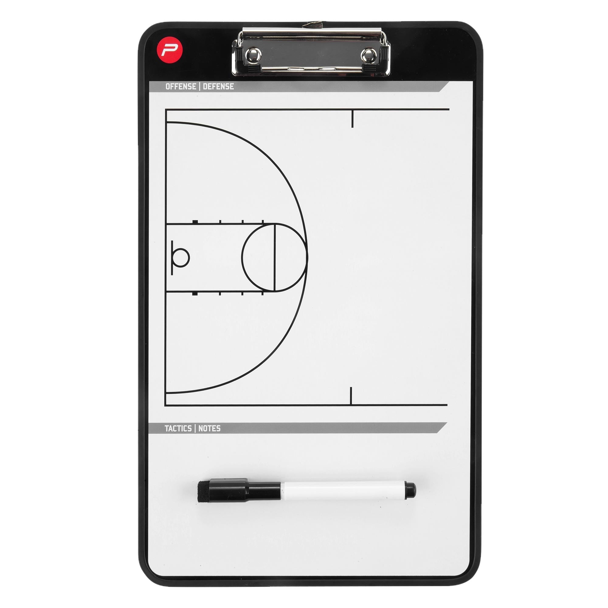 Ein Taktikboard mit einem Basketballfeld und einem Stift.