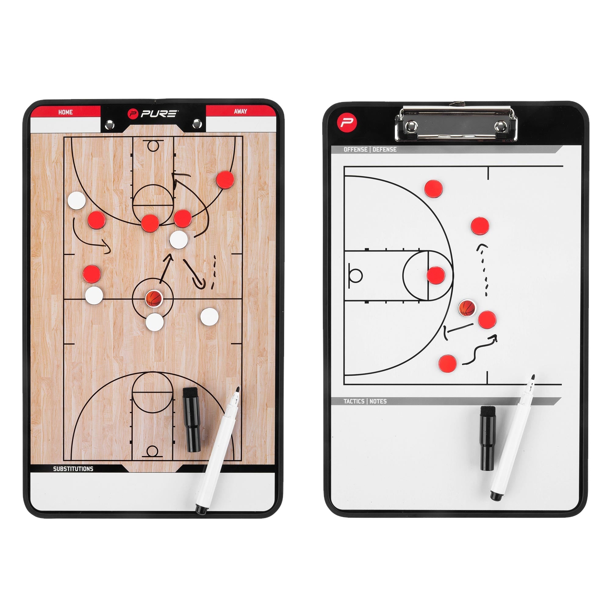 Taktiktafel mit roten und weißen Markierungen auf einem Basketballfeld.