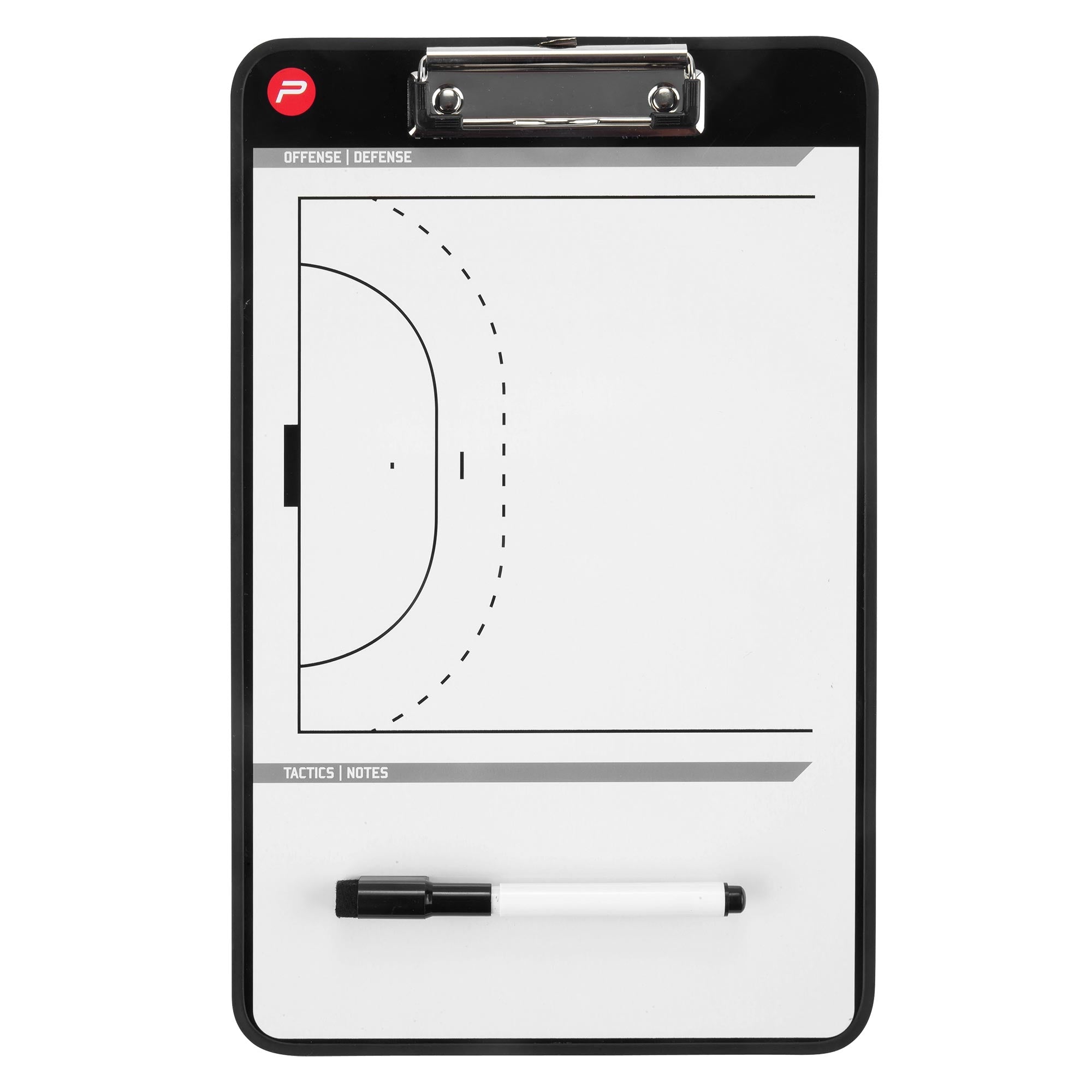 Ein Taktikboard mit einem Basketballfeld und einem Stift.