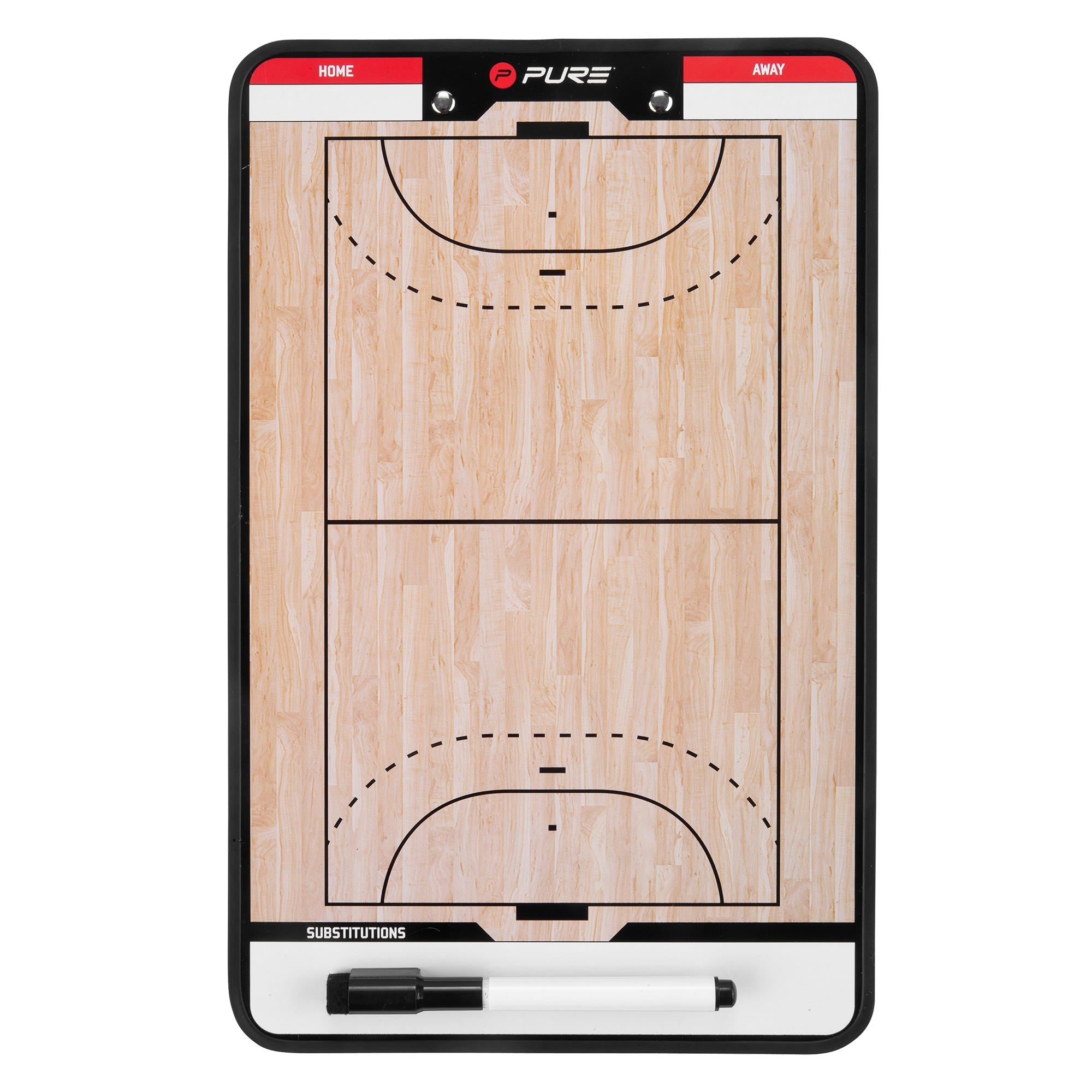 Leere Taktiktafel mit Basketballfeld und Platz für Notizen.