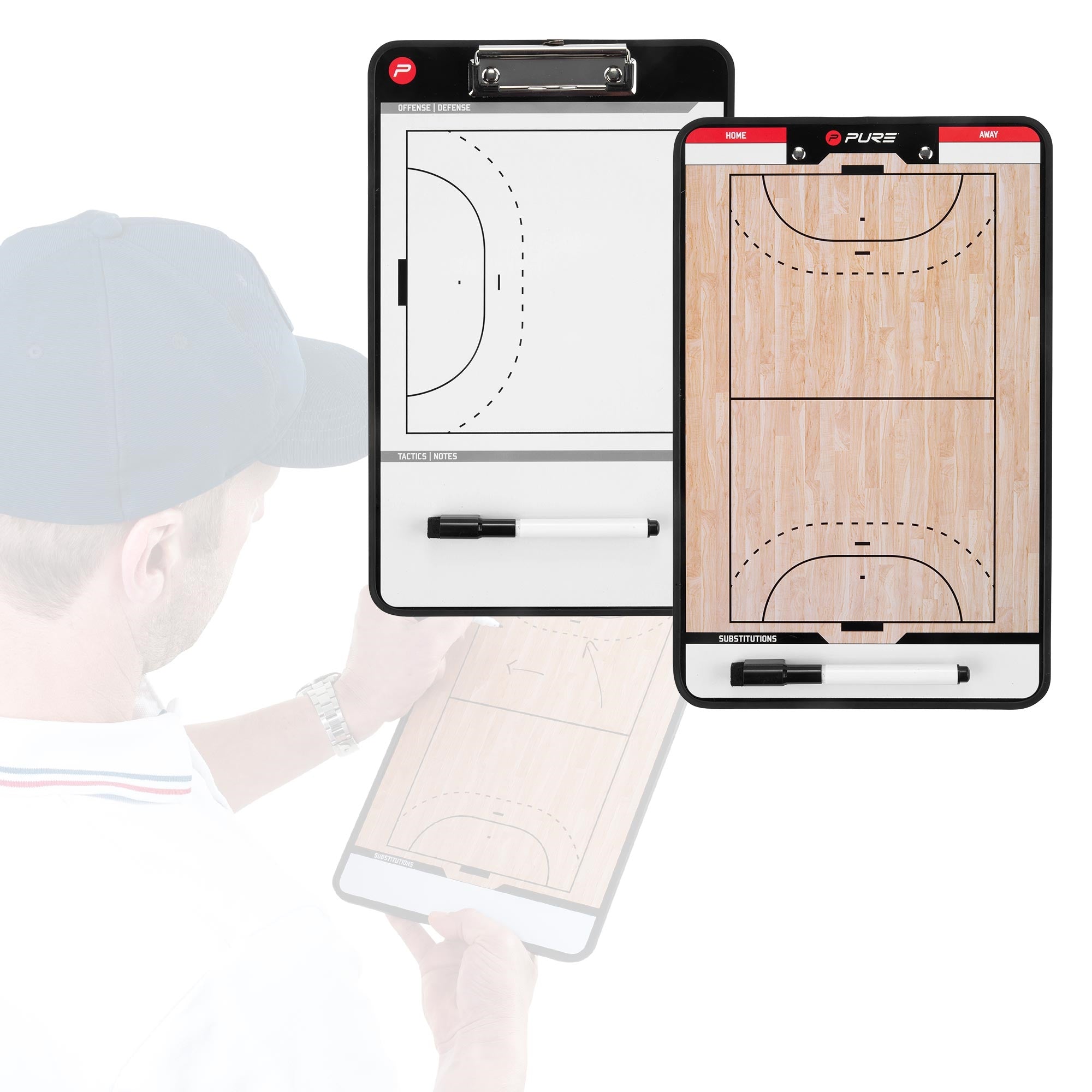 Taktiktafel mit Basketballfeld, einem Spieler und einem Stift.