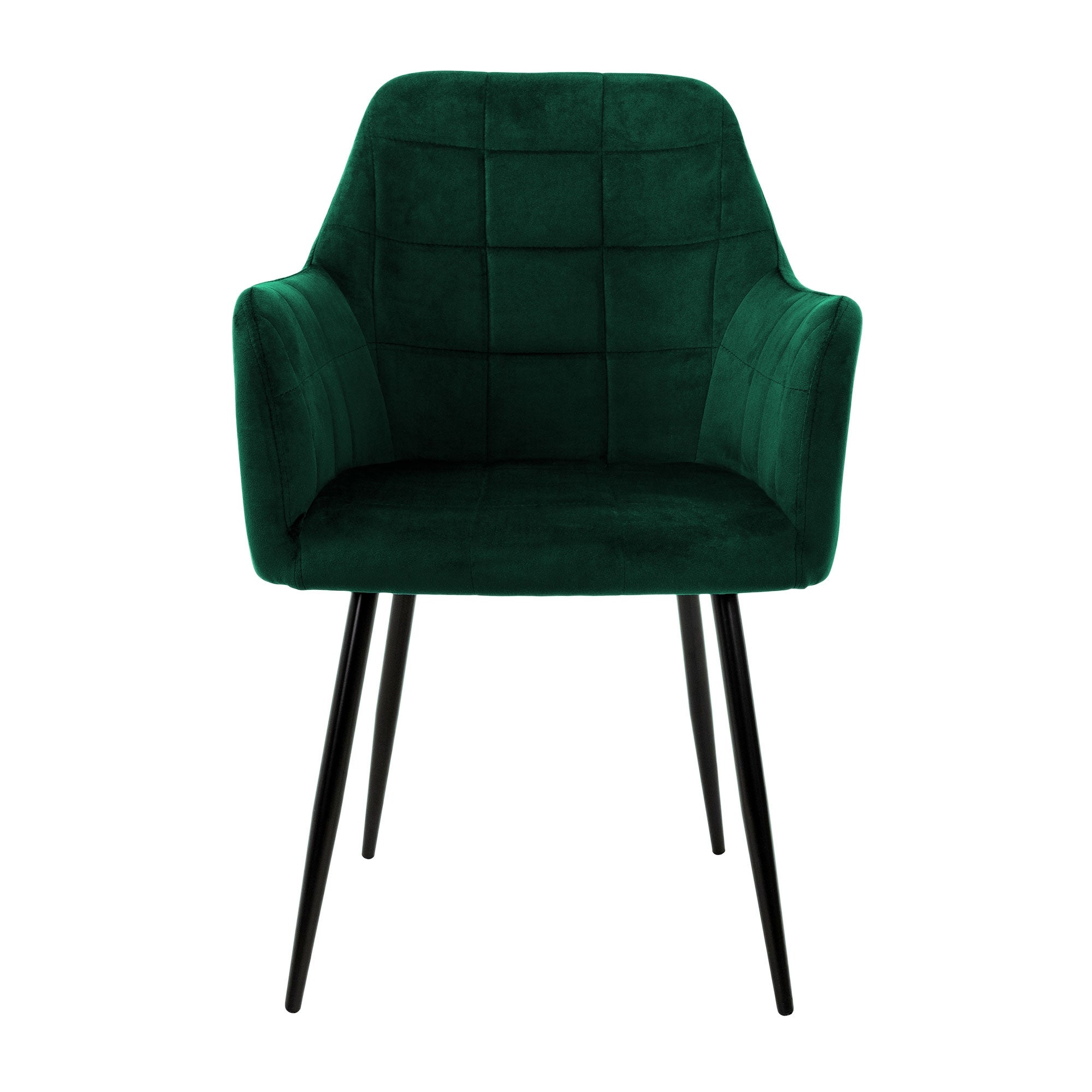 Une seule chaise en velours vert avec accoudoirs et structure noire.