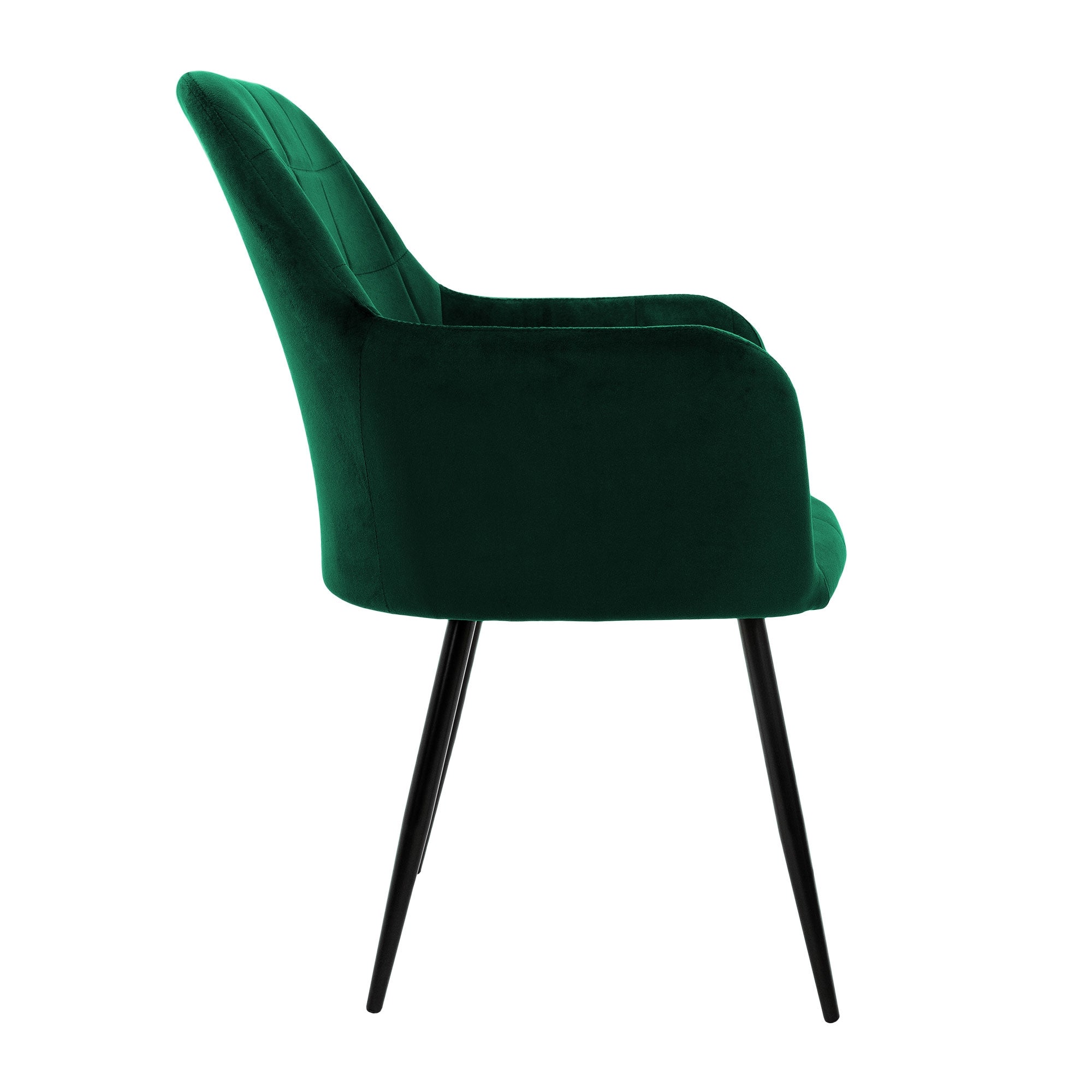 Fauteuil vert avec accoudoirs hauts et structure noire, vue de côté.