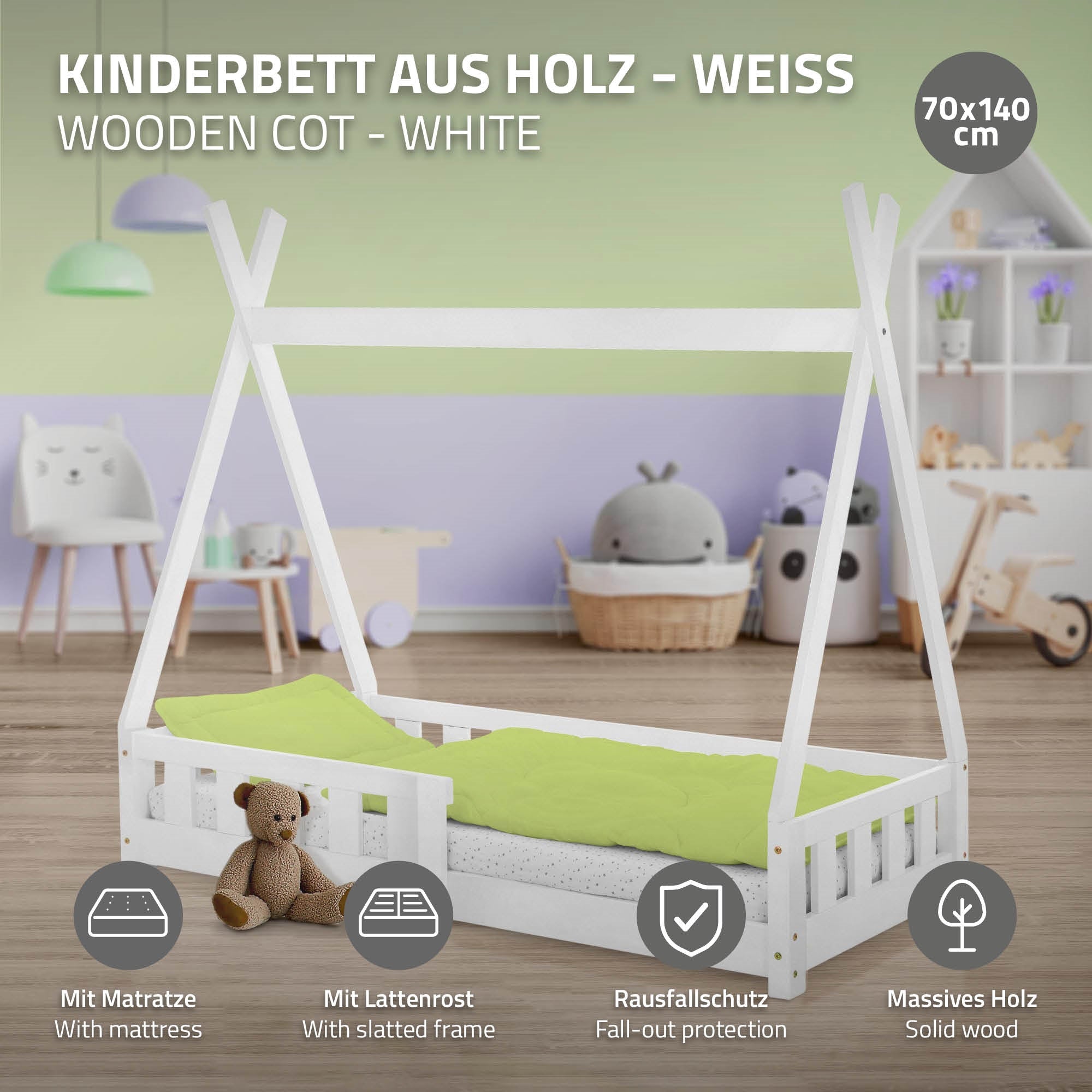 White wooden children's bed with green bedding and plush toy.