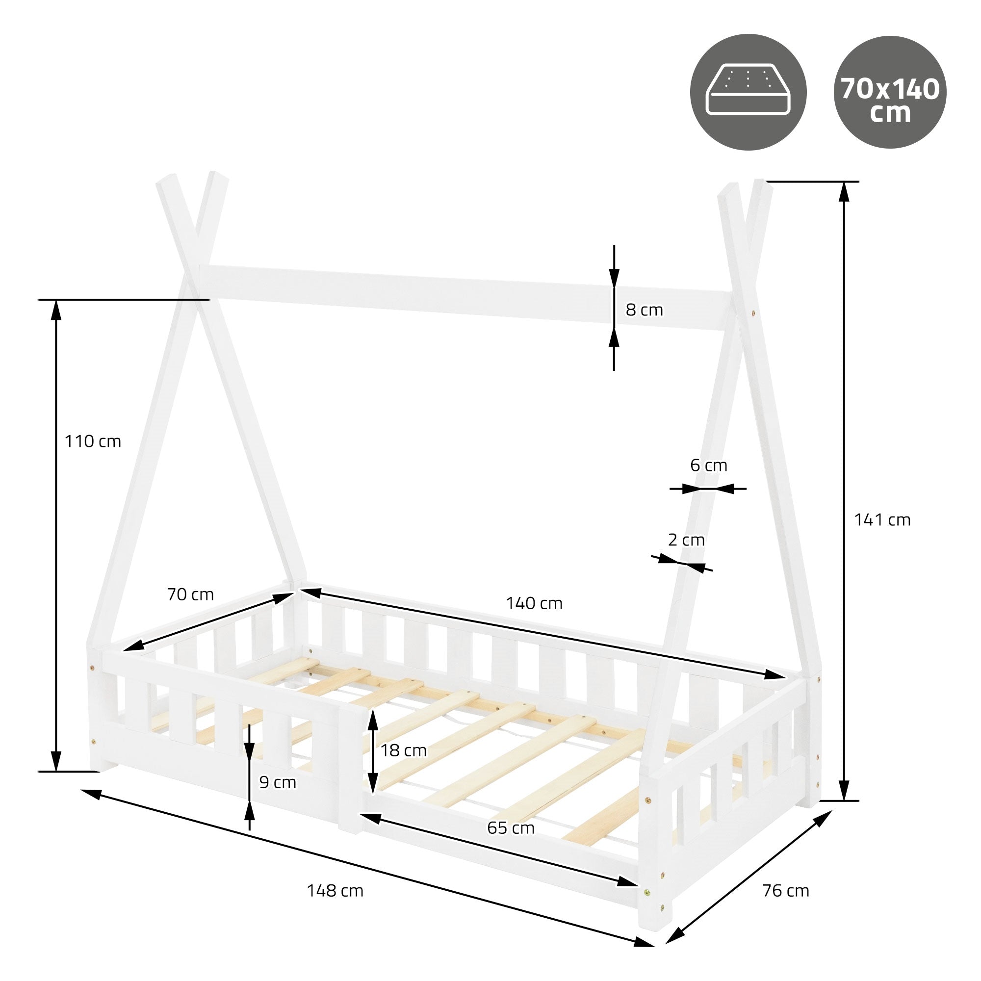 Measurement drawing for a white wooden children's bed with roof and slatted frame.