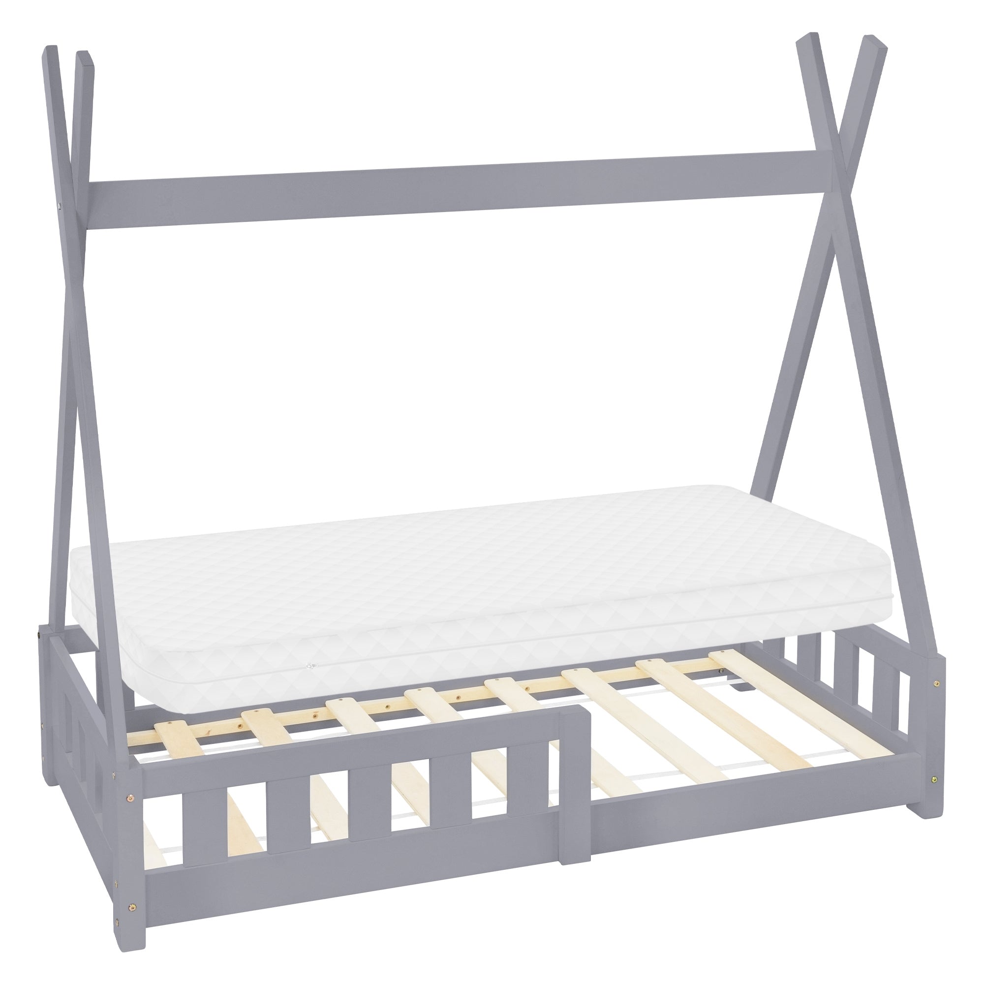 Lit d'enfant en bois de couleur menthe avec matelas et sommier à lattes.