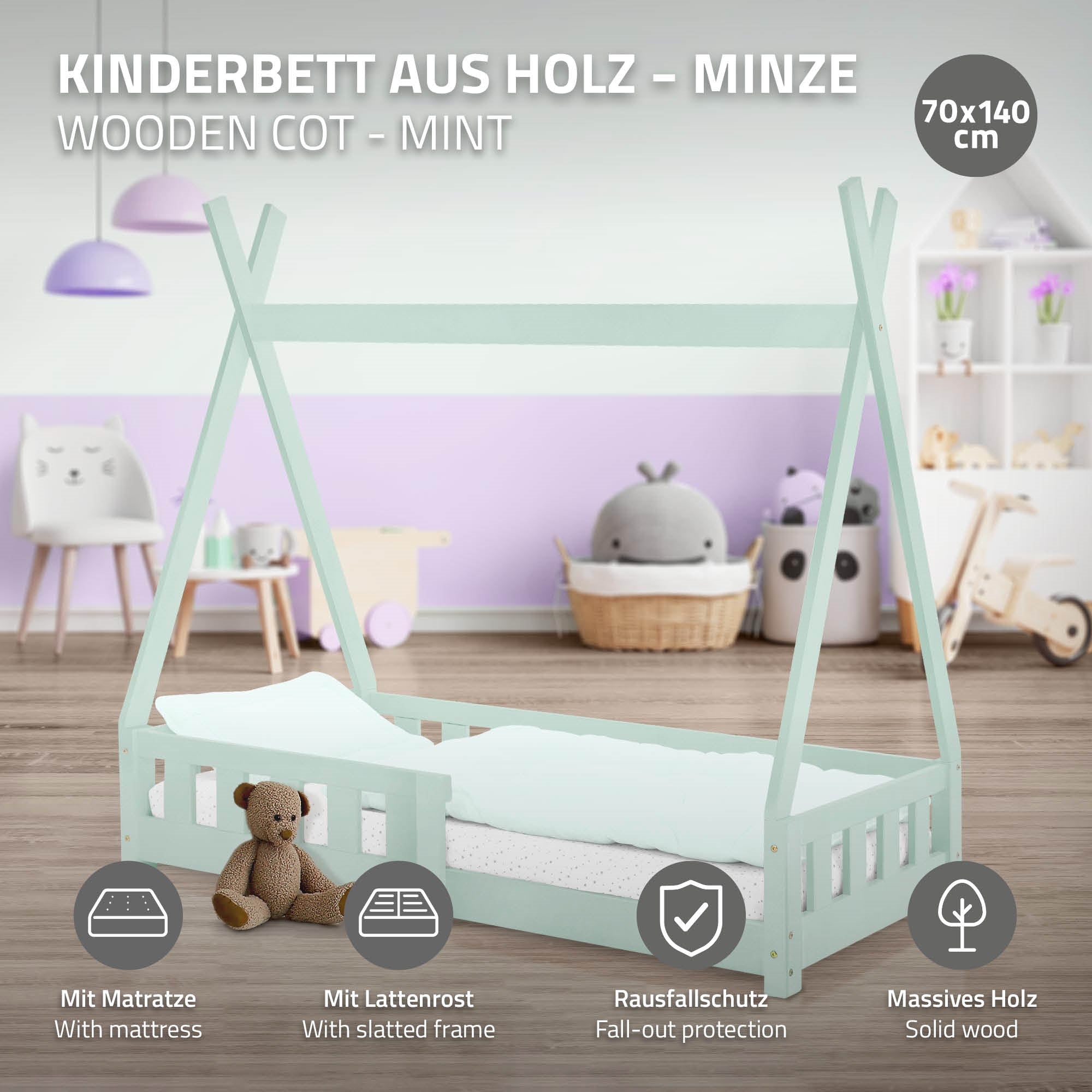 Mint-colored wooden children's bed with mattress and fall protection.