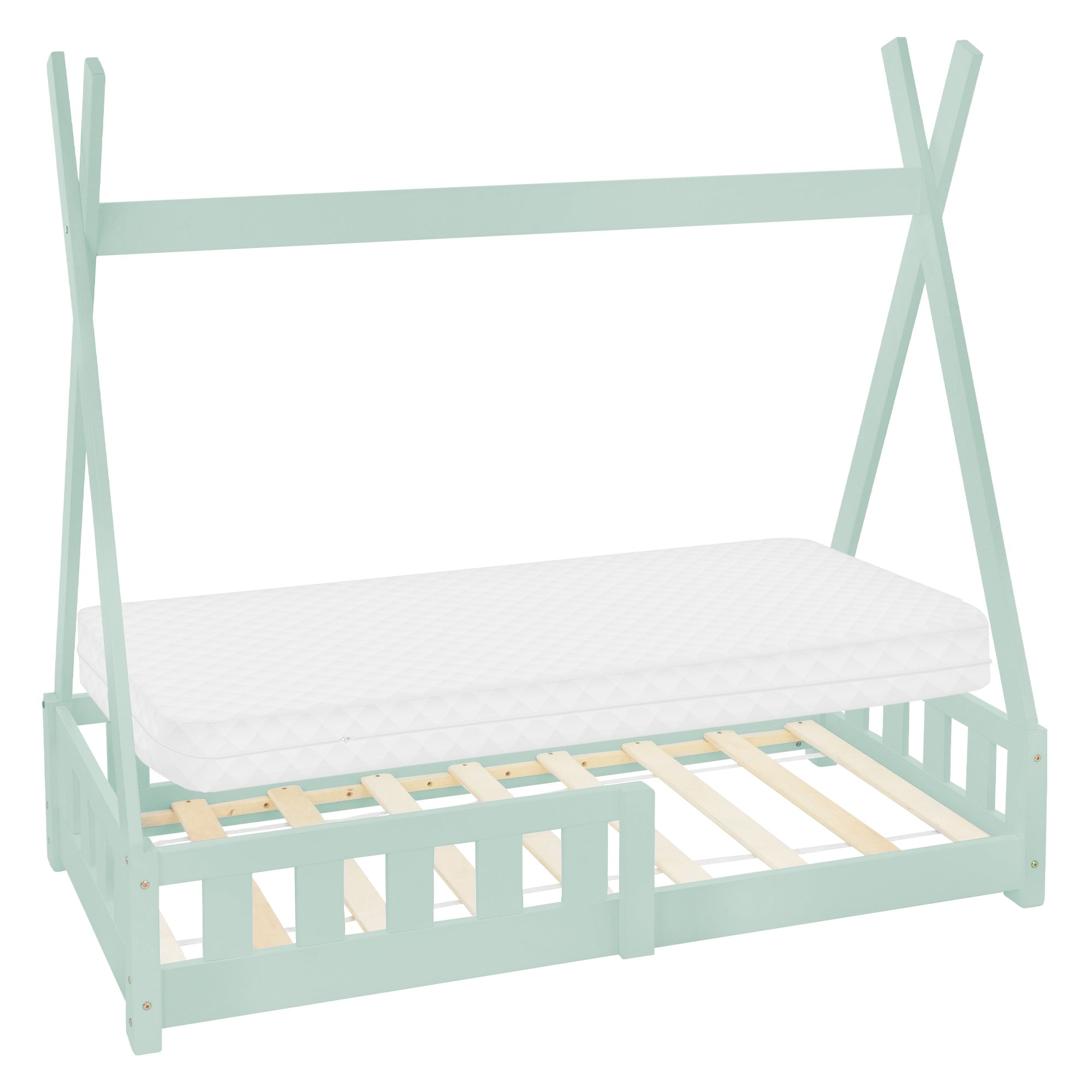 Pink children's bed made of wood with mattress and fall protection.