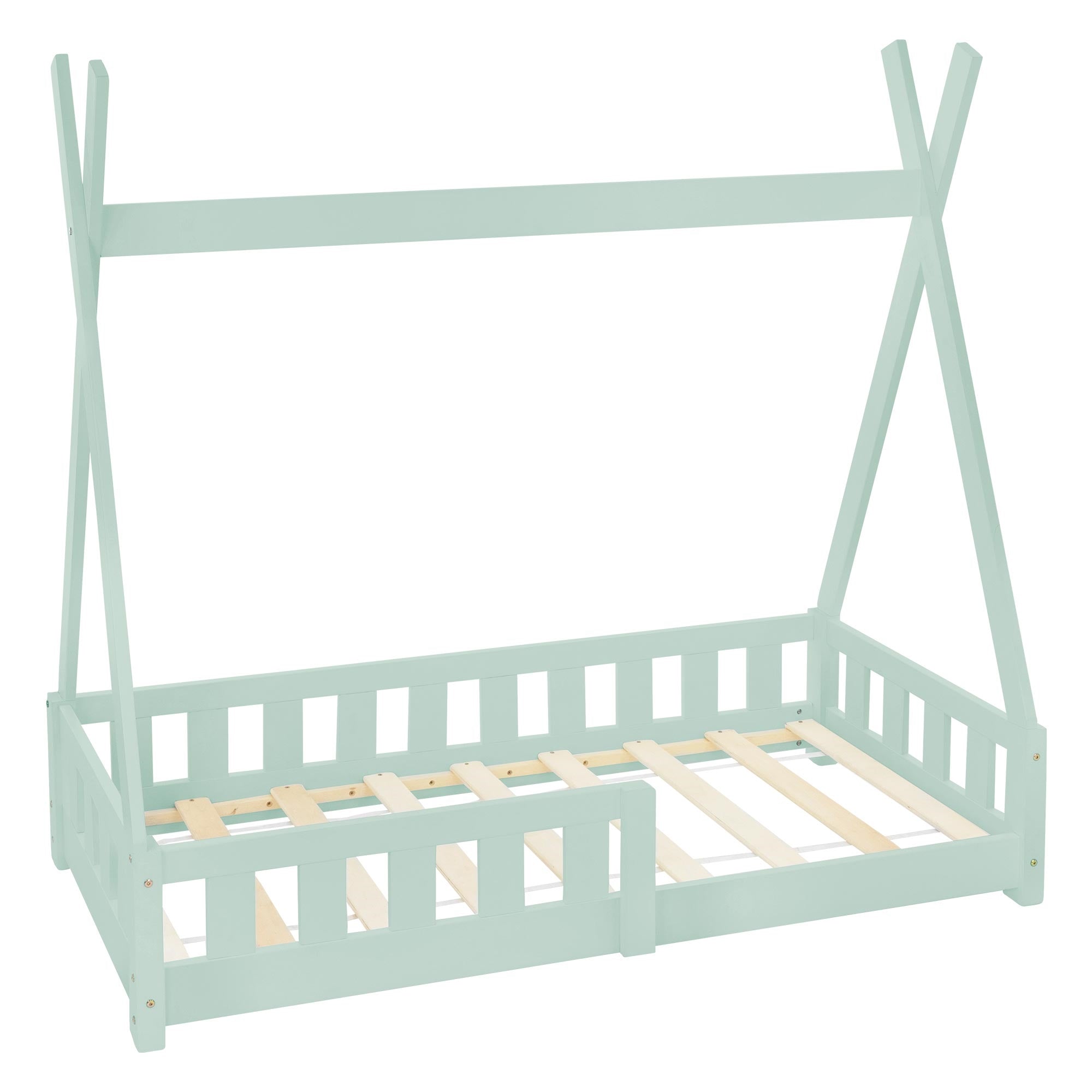 Ein mintgrünes Kinderbett mit Zeltstruktur und Holzlatten.
