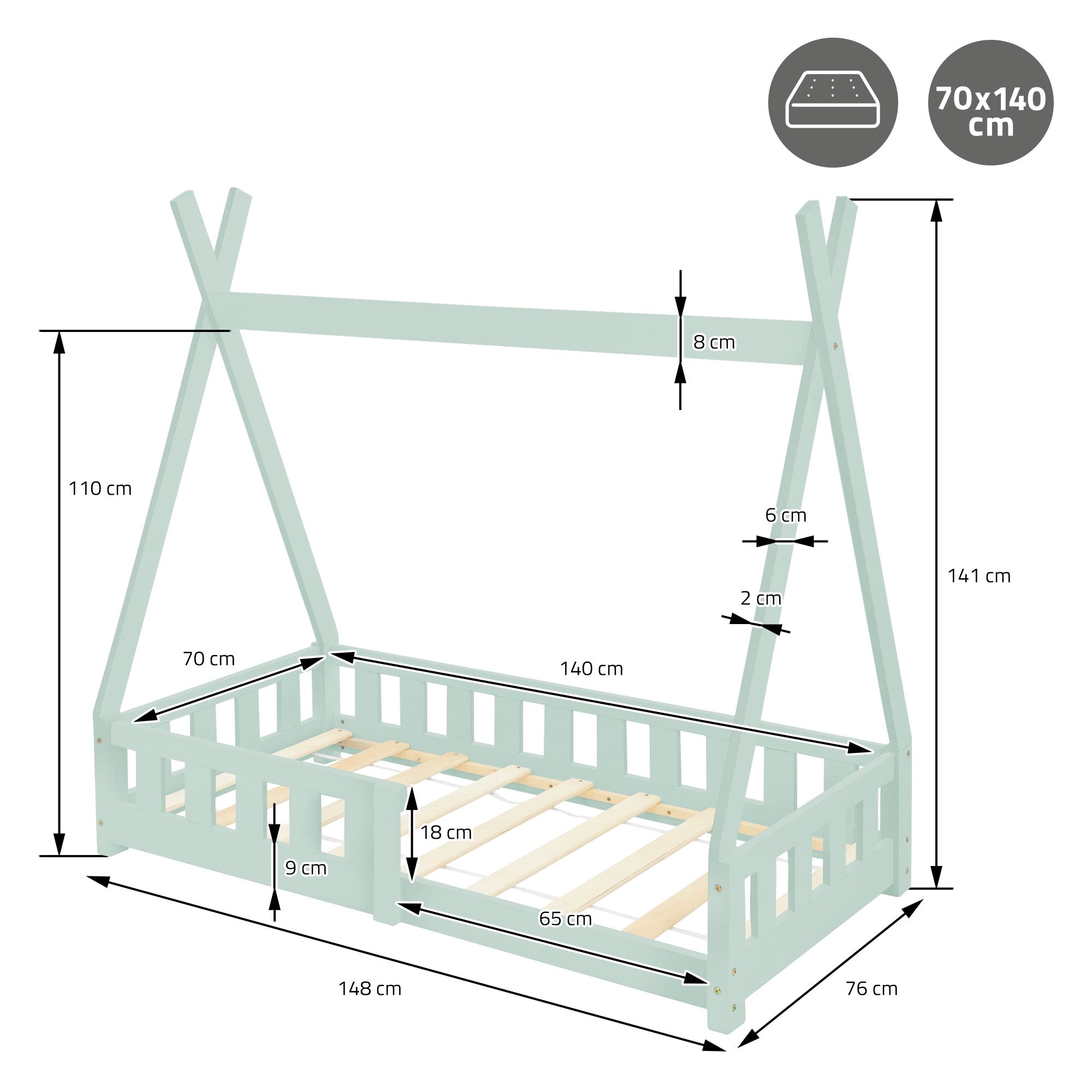 Dimension drawing of a mint green children's bed with measurements.