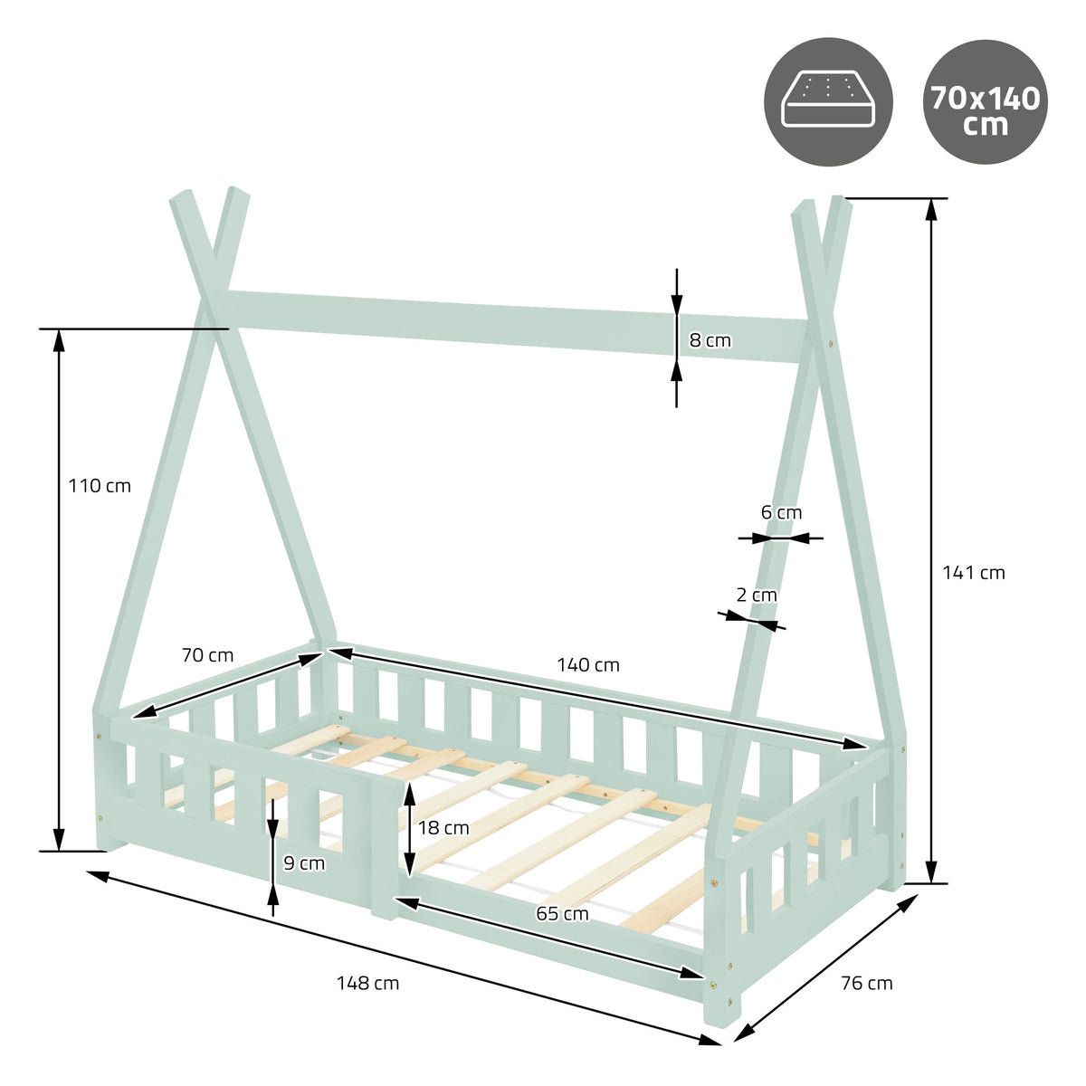 Disegno tecnico di un lettino per bambini color verde menta con dimensioni.