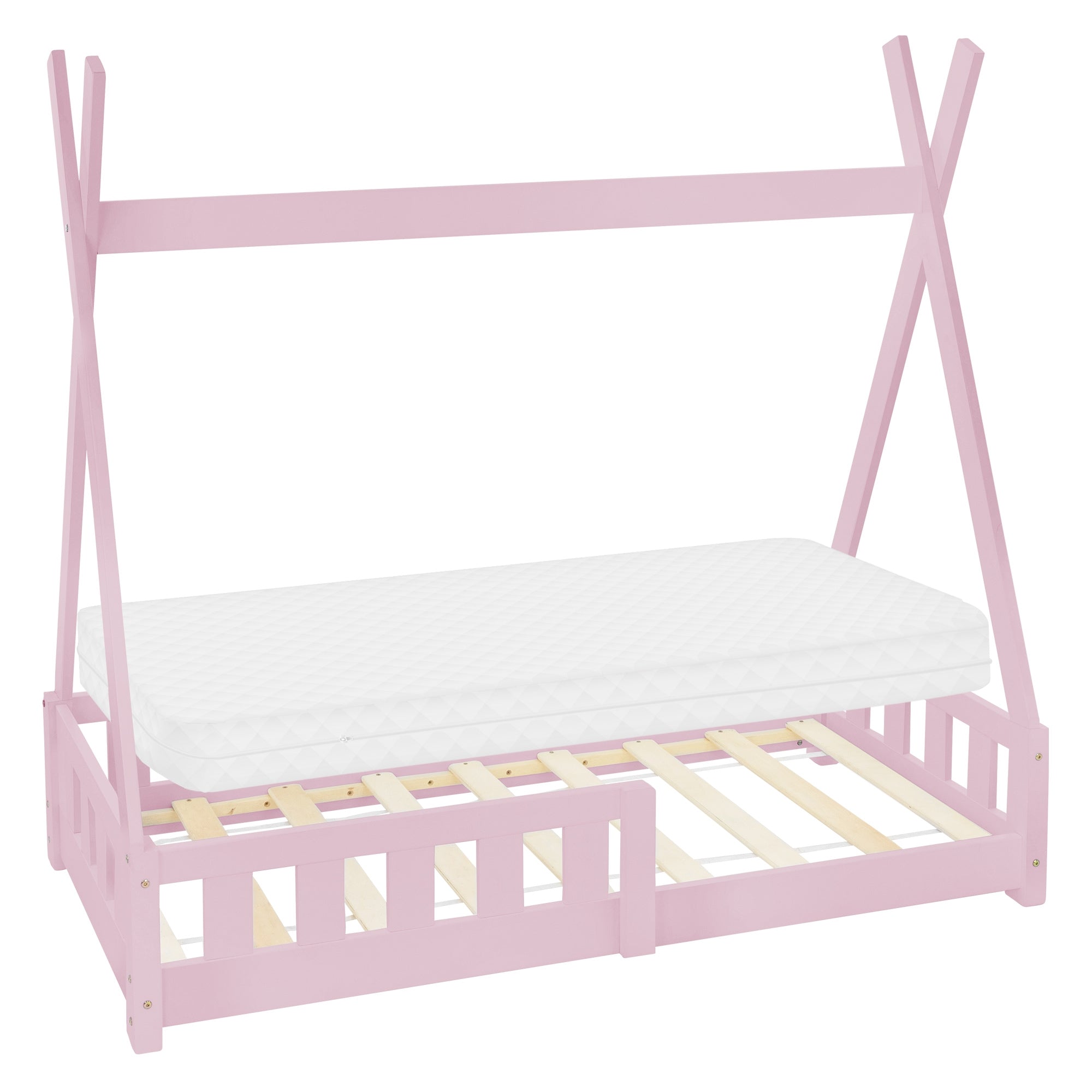 Lit d'enfant rose avec matelas et cadre à lattes.