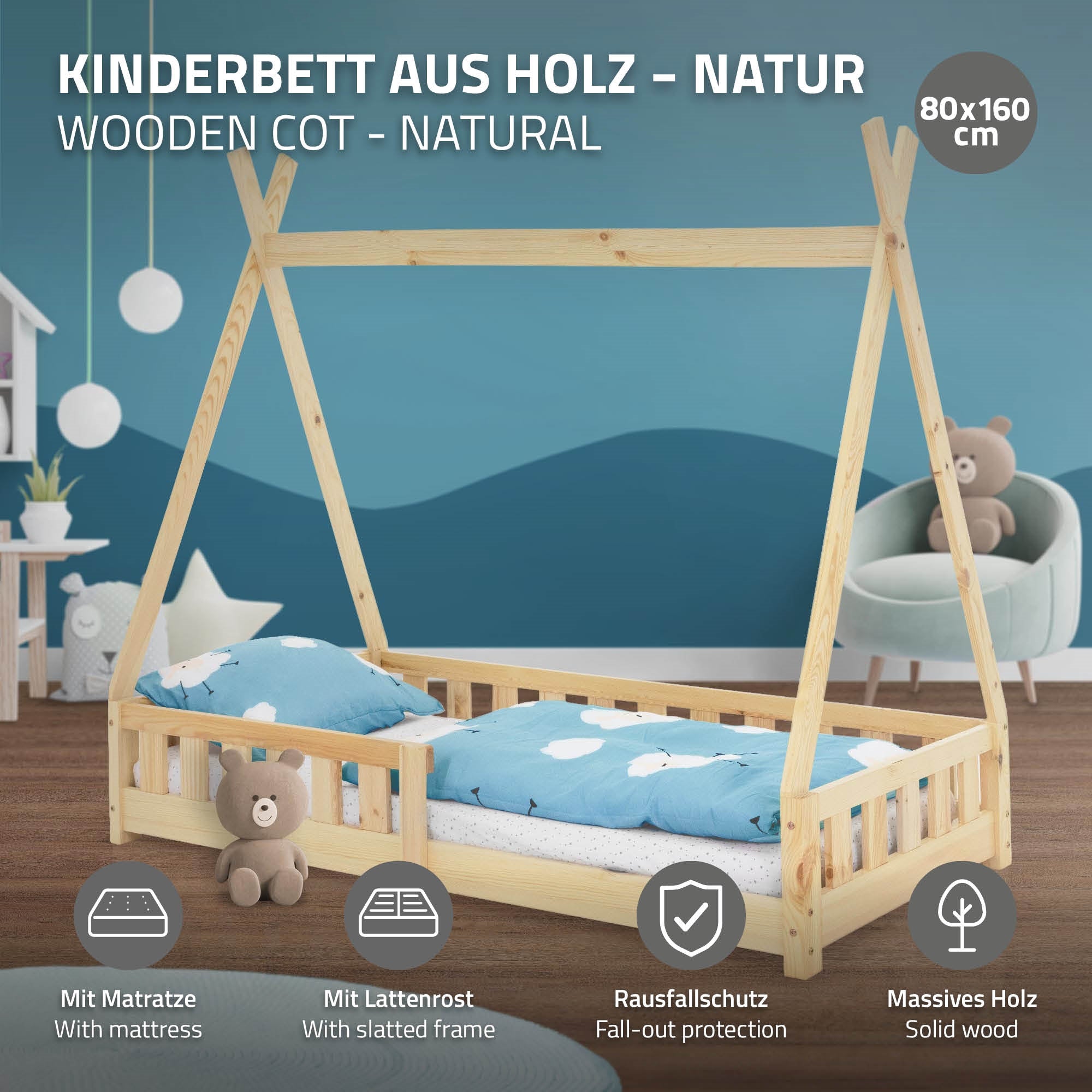 Lit d'enfant en bois de couleur naturelle, 80x160 cm, avec matelas et protection contre les chutes.