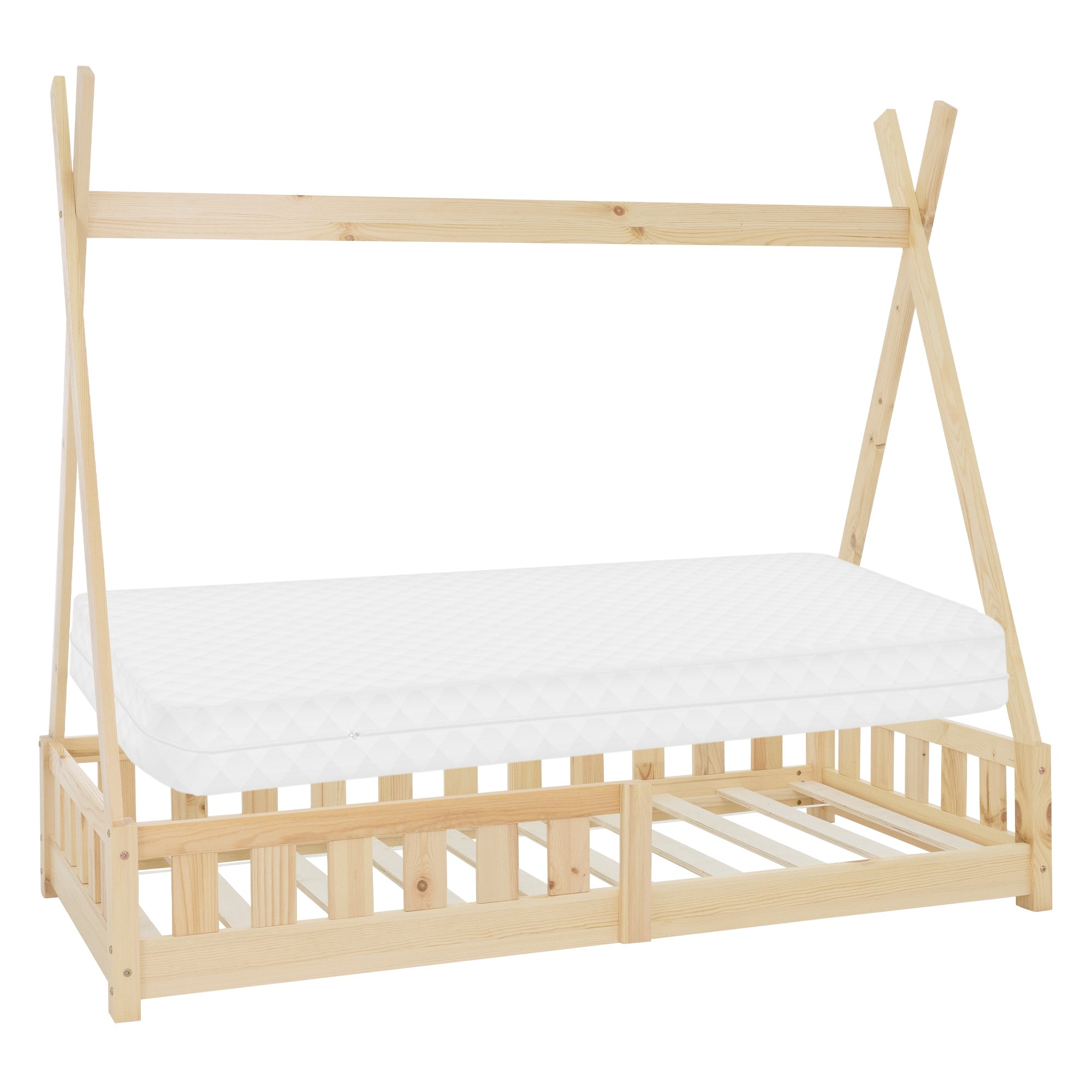 Lit d'enfant en bois avec structure de tente et matelas, non traité.