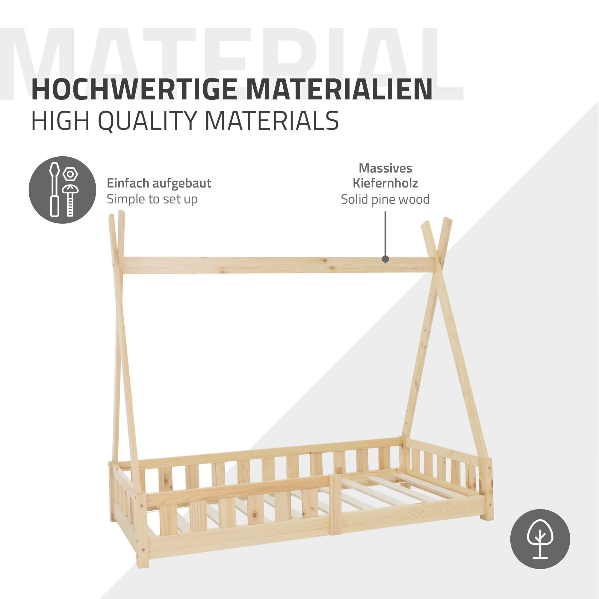 Wooden frame bed made of solid pine wood, easy to assemble.
