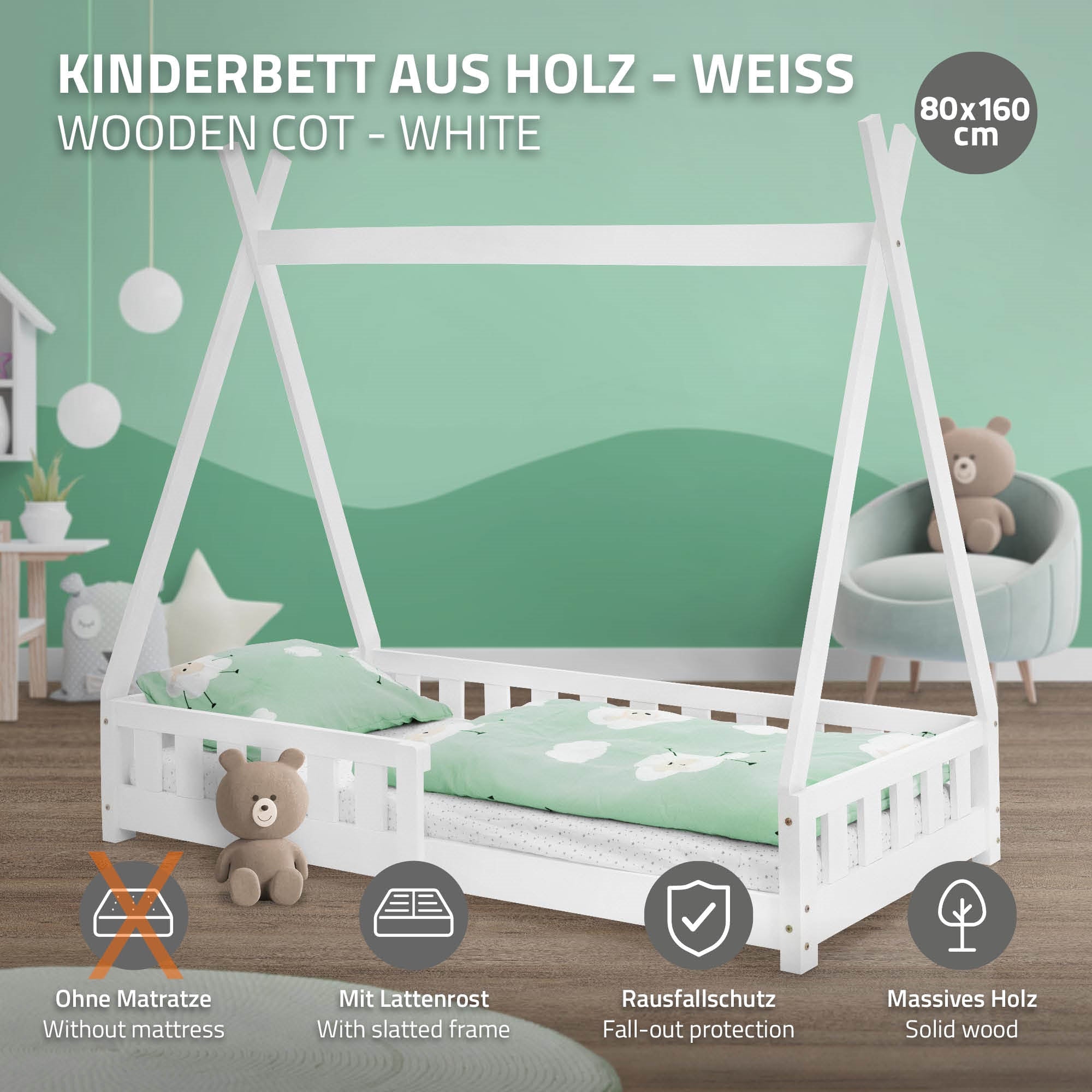 Lit d'enfant en bois blanc avec protection contre les chutes et sans matelas.