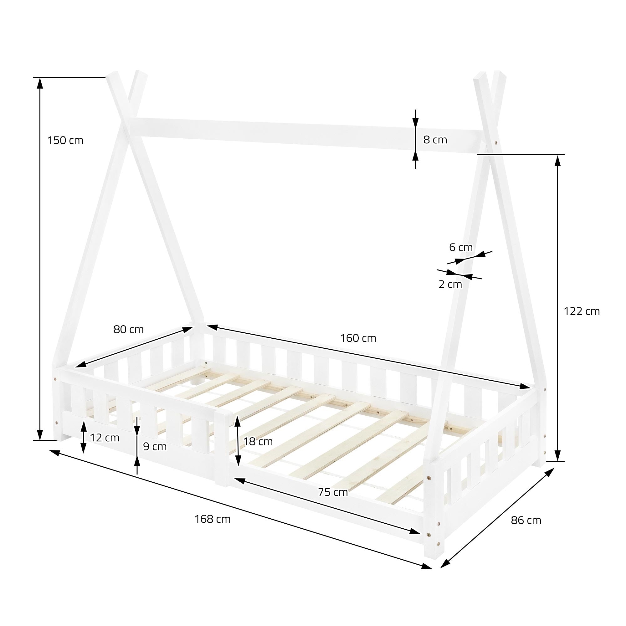 Lit avec dimensions et construction stable.