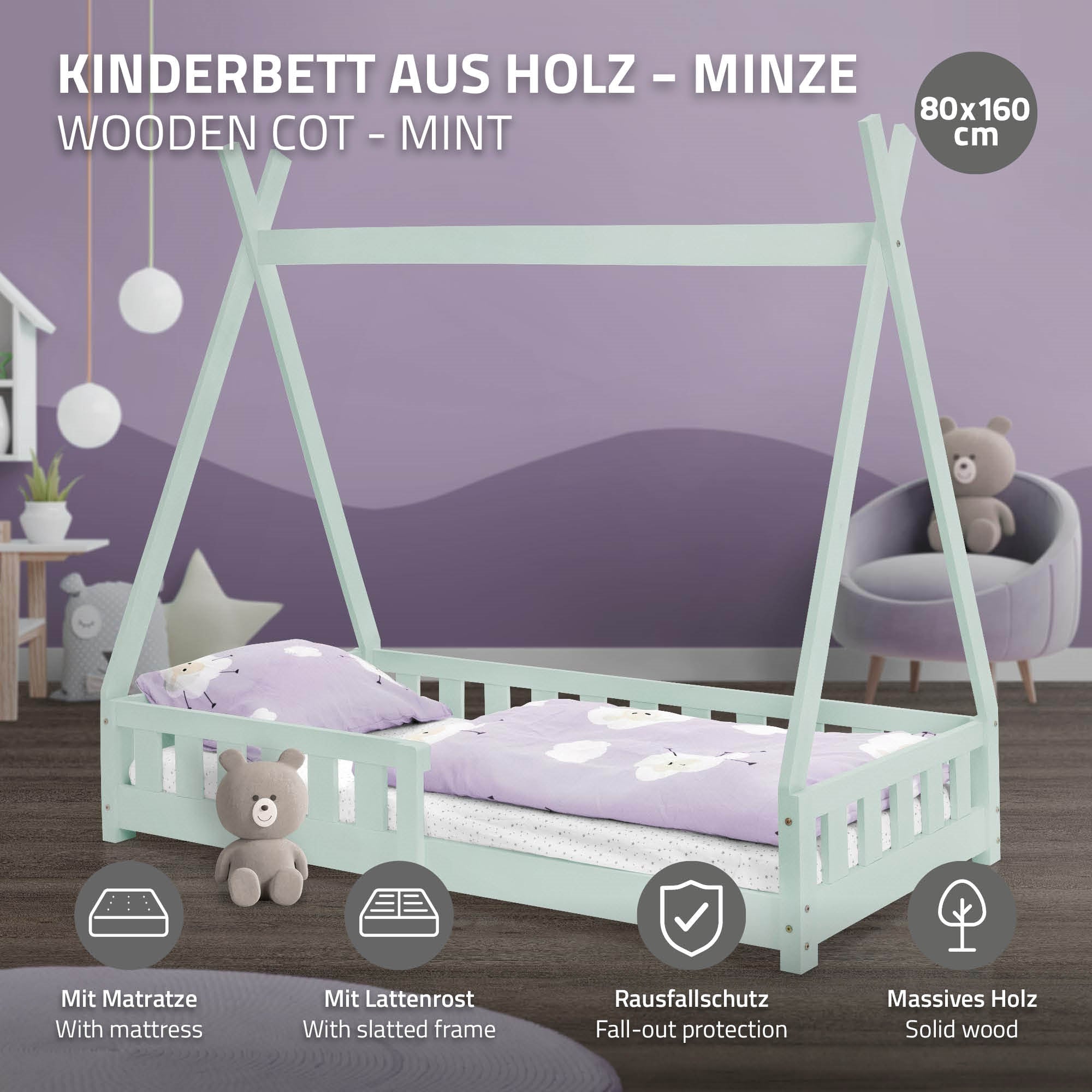 Lit d'enfant en bois de couleur menthe avec matelas et protection contre les chutes.