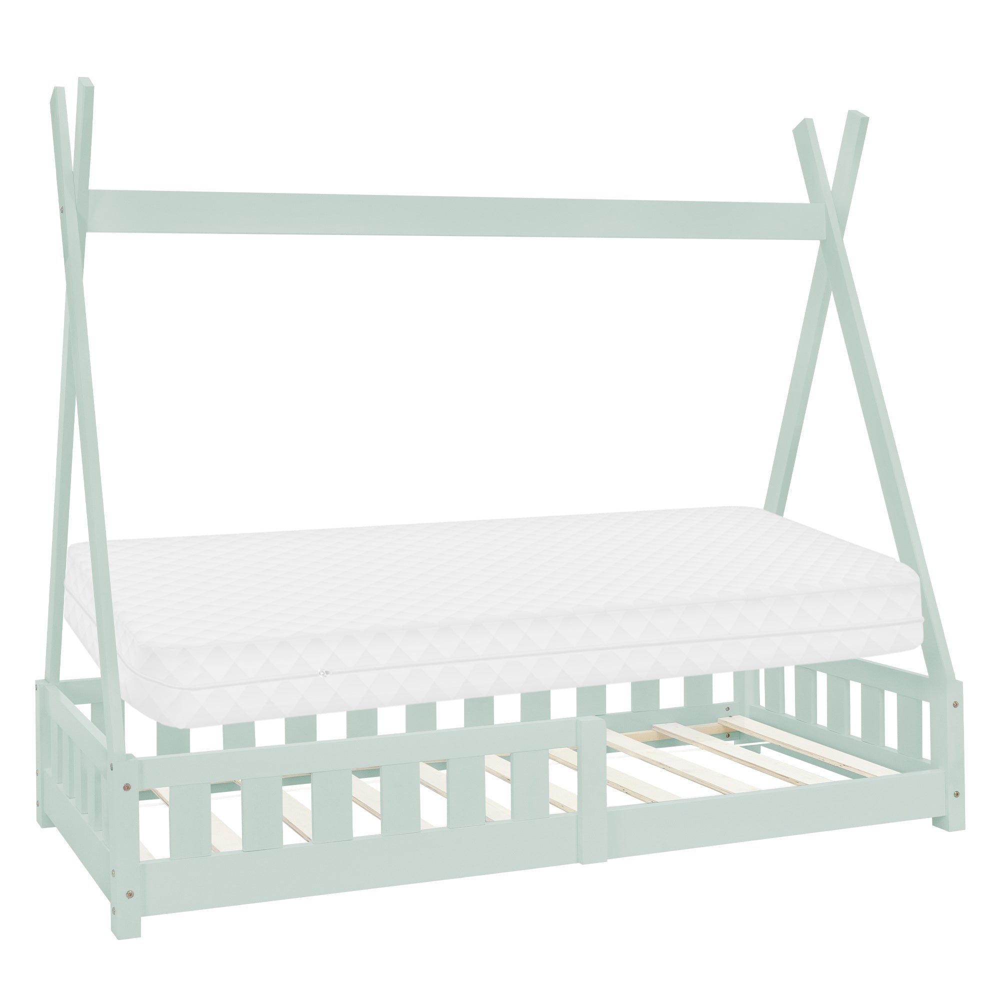 Un lit d'enfant vert clair en style tente avec matelas.